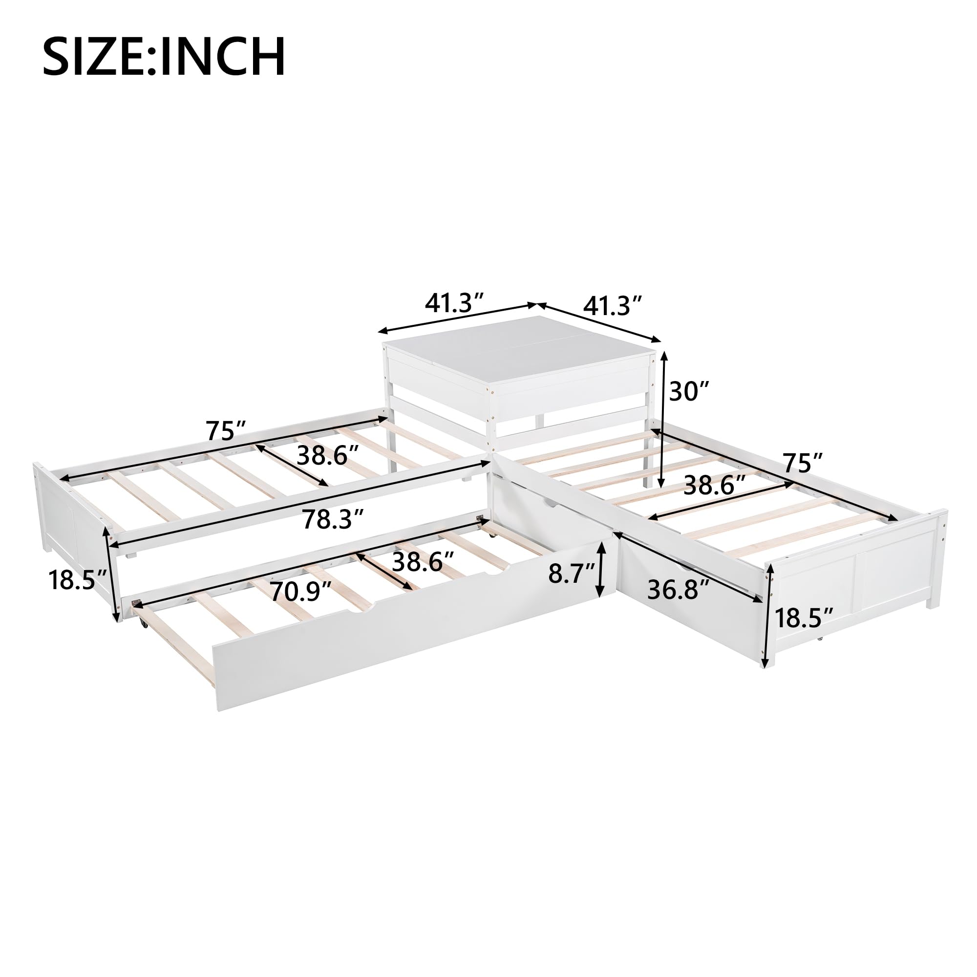 Merax Twin Size L-Shaped Storage Daybed with Trundle - Convertible Platform Bed with 2 Drawers & Built-in Desk - No Box Spring Needed - Perfect for Small Spaces, Living Room, Bedroom or Guest Room (White)