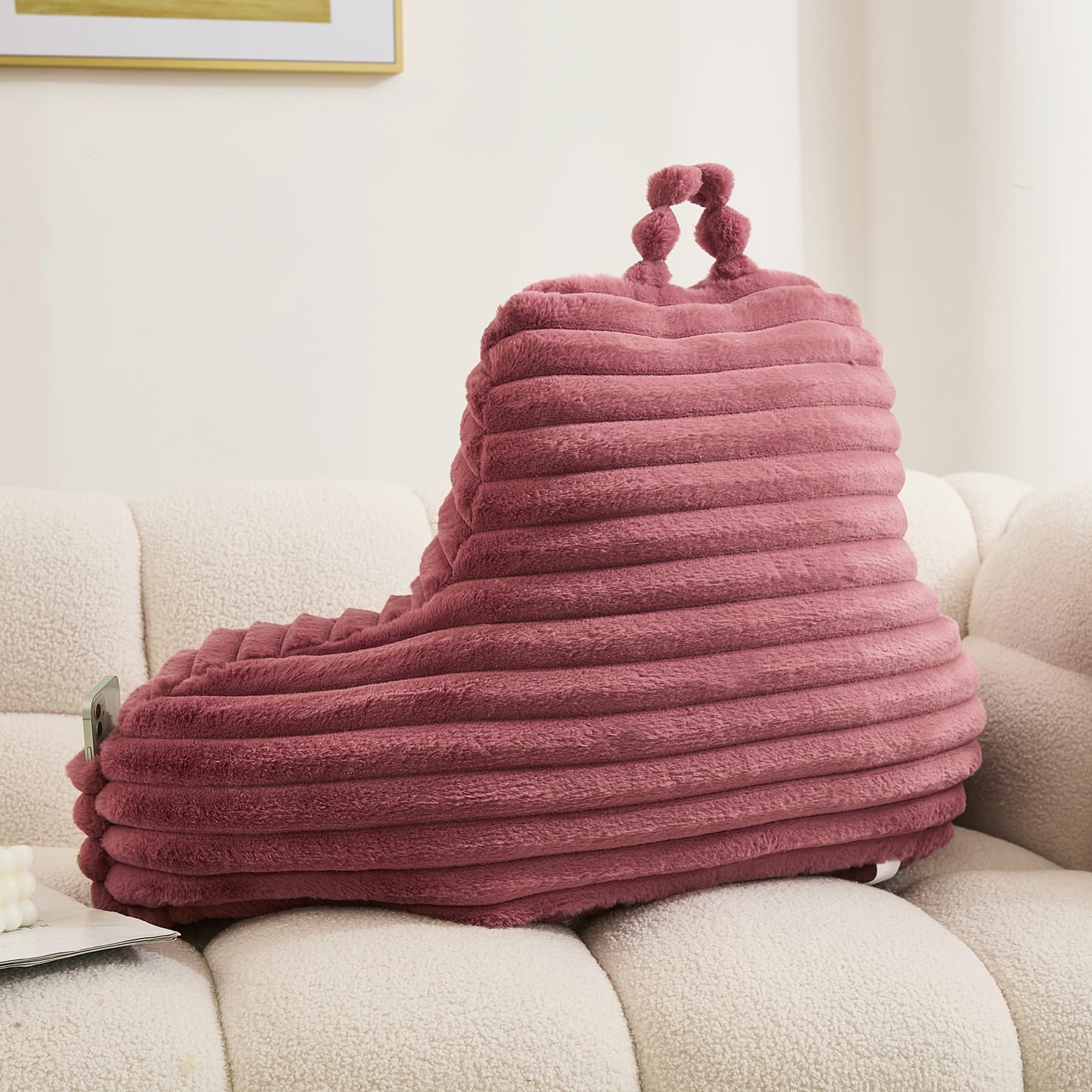 WERDIM Large Faux Fur Reading Pillow with Arms and Pockets - Comfortable Bed Rest Pillow for Sitting in Bed, Sofa or Floor - Dusty Rose (Perfect for Reading, Watching TV, Gaming & Relaxing)