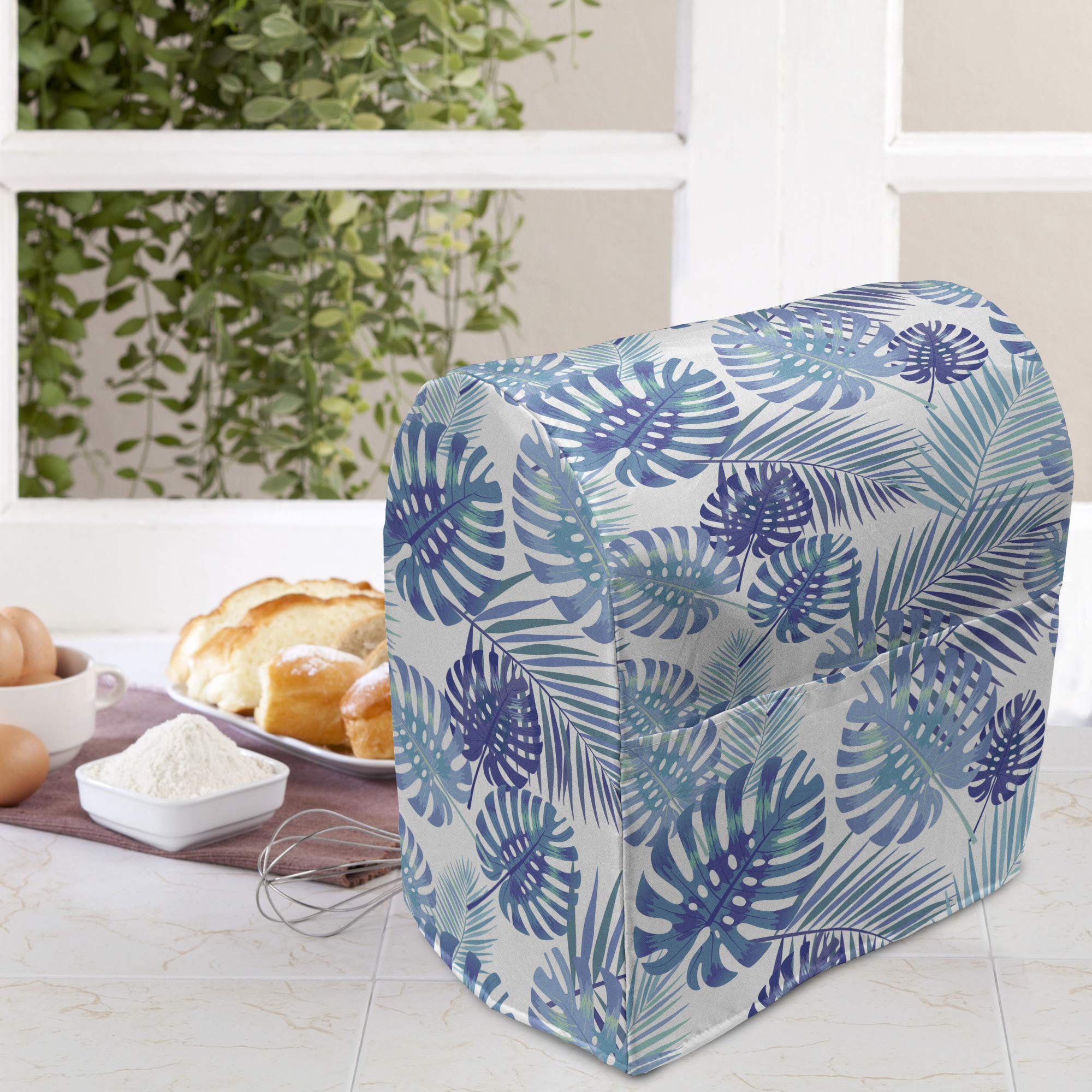 Ambesonne Tropical Palm Leaves Stand Mixer Cover - Blue & White 6-8 Quart Kitchen Appliance Organizer with Pocket | Perfect for Baking, Countertop Storage & Kitchen Decor