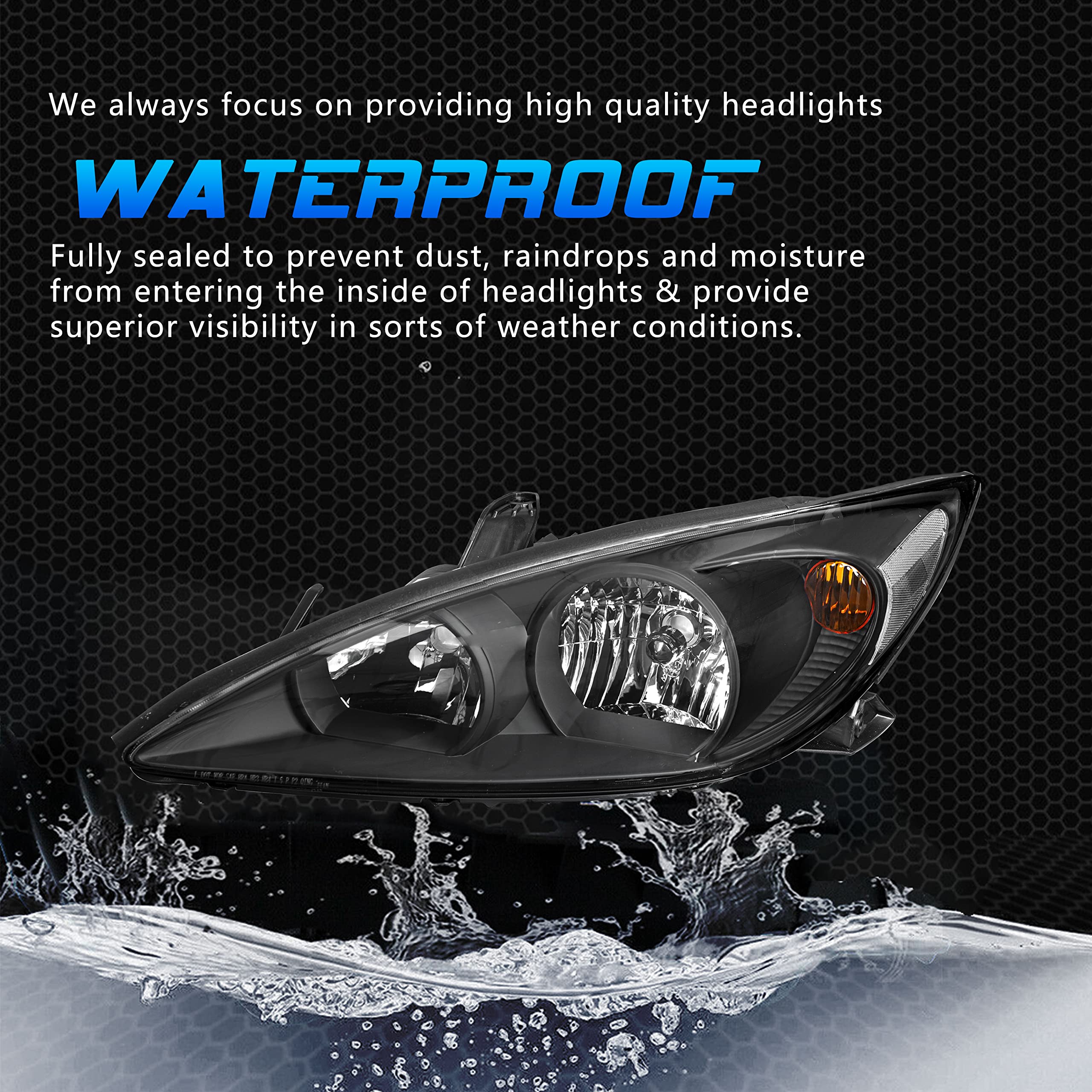 2002-2004 Toyota Camry Headlight Assembly Pair - Black Housing with Clear Reflector - Driver & Passenger Side Replacement - Perfect for Night Driving & Foggy Conditions