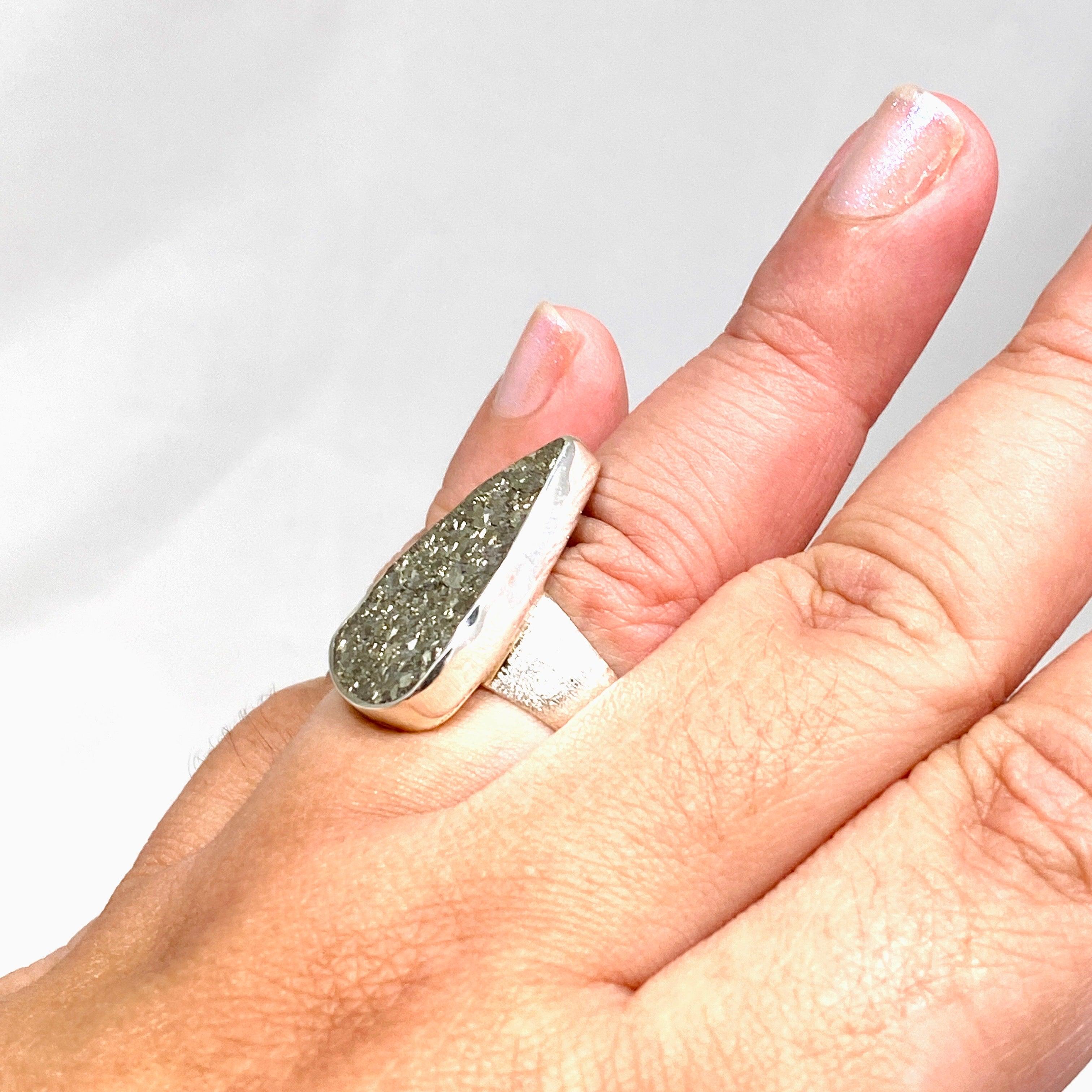 Natural Pyrite Raw Teardrop Ring with Brushed Silver Band - Size 10 - KRGJ3192 - Perfect for Boho Jewelry & Crystal Healing Collections