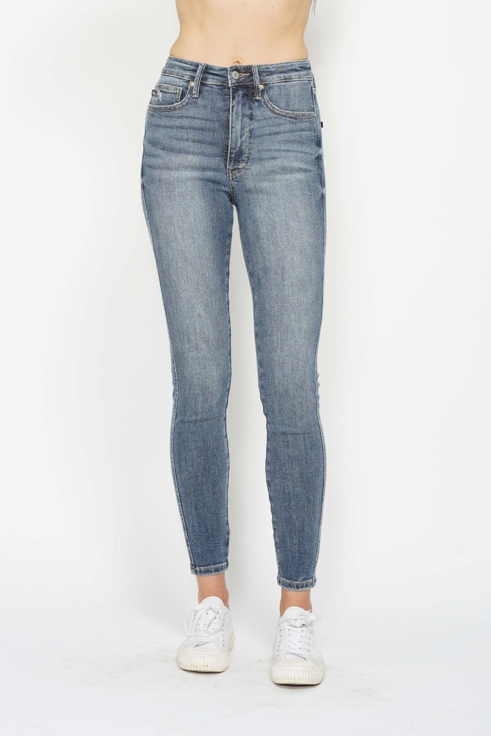 Judy Blue High Waisted Tummy Control Skinny Jeans for Women - Contrast Wash Denim Pants | Perfect for Work, Date Night & Casual Outfits