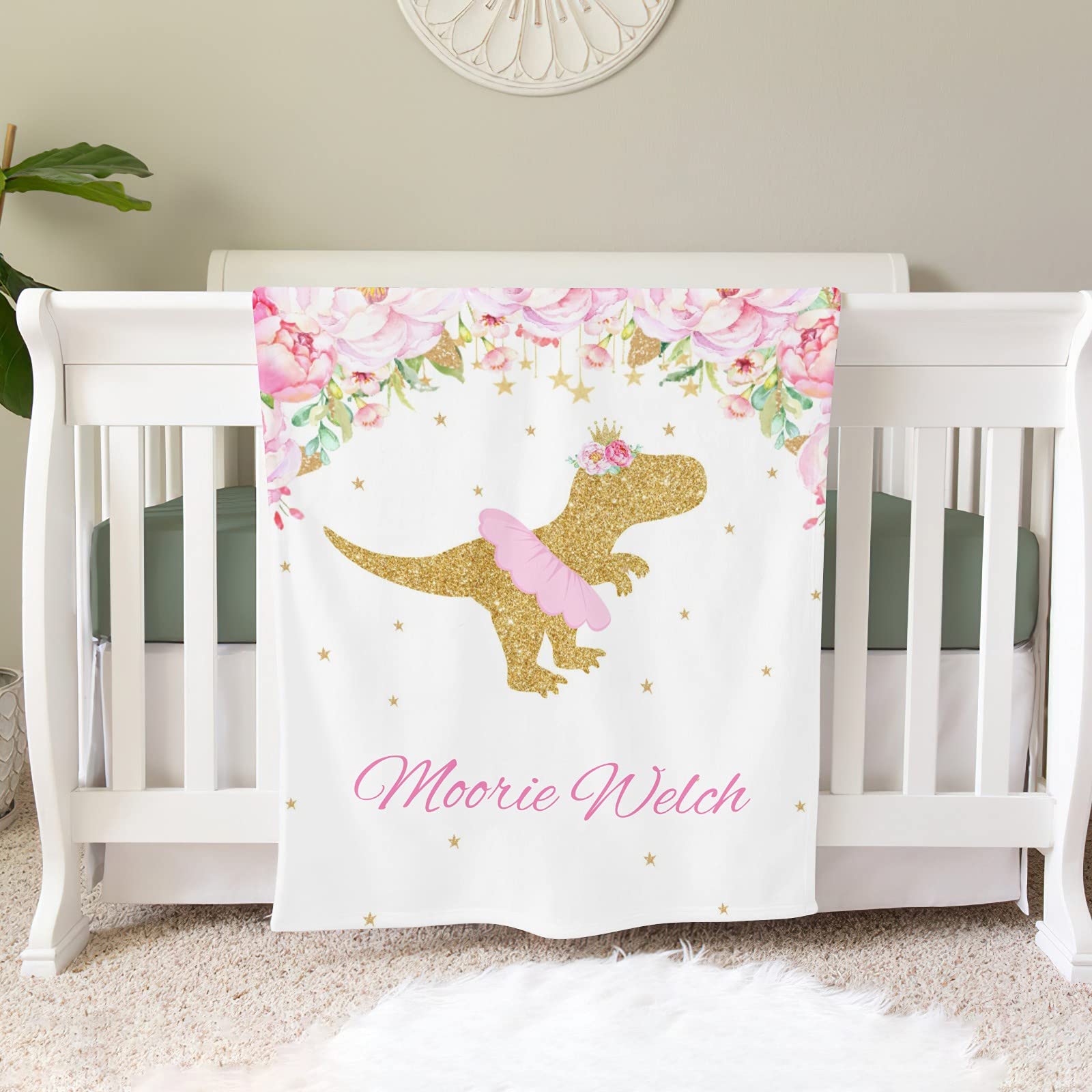**Personalized Baby Blanket - Pink Floral Dinosaur Design, Custom Name, 30x40 Inches - Soft Swaddling Blanket for Baby Boy & Girl - Perfect for Baby Shower, Birthday, Nursery Decor & Newborn Gifts**    *(Use Case: Ideal for baby showers, birthdays, nursery decoration, newborn photography, and as a sentimental keepsake gift.)*