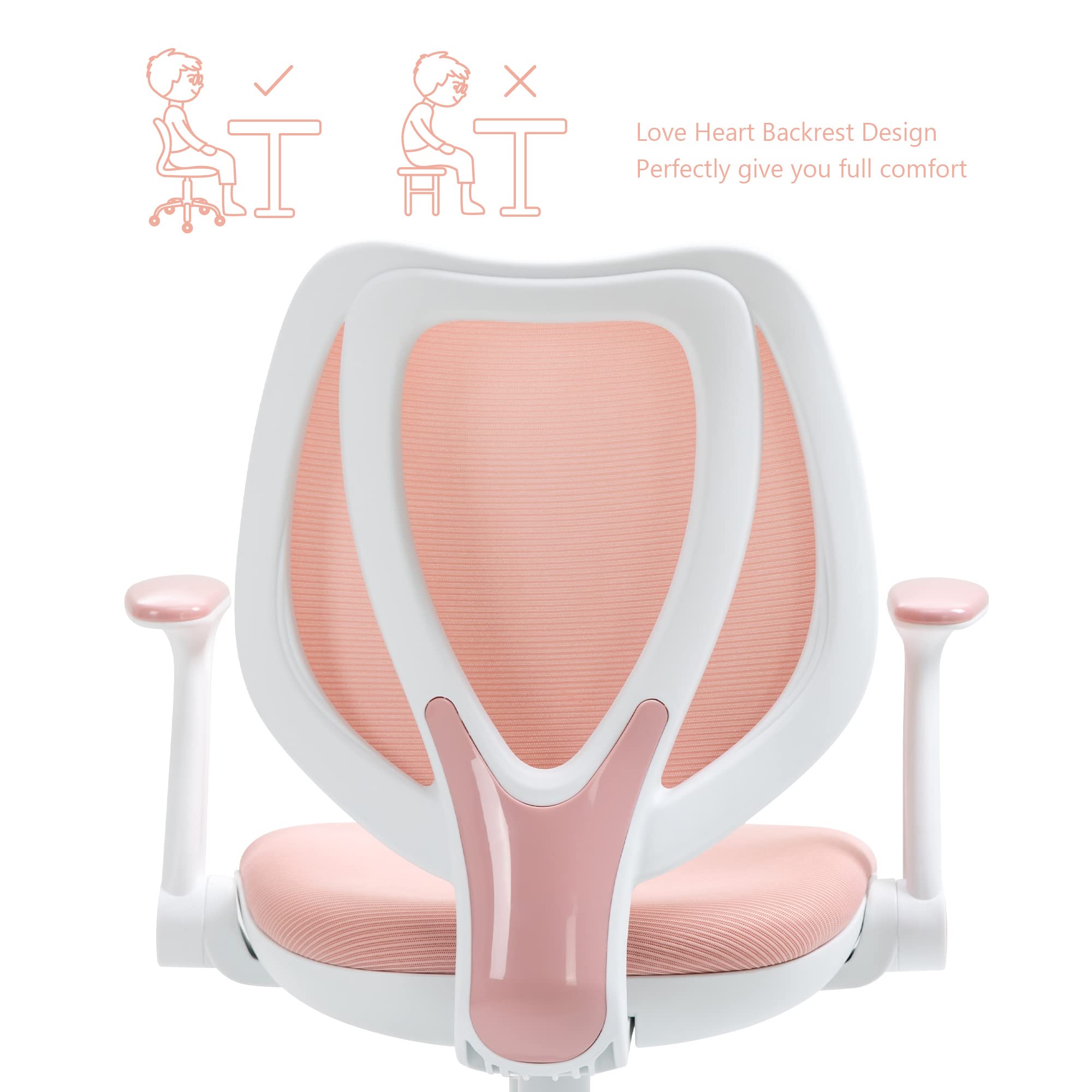 Adorable Adjustable Kids Desk Chair with Armrests & Footrest - Ergonomic Study Computer Office Swivel Chair for Boys Girls Teens - Perfect for Reading, Gaming & Online Learning (Pink)