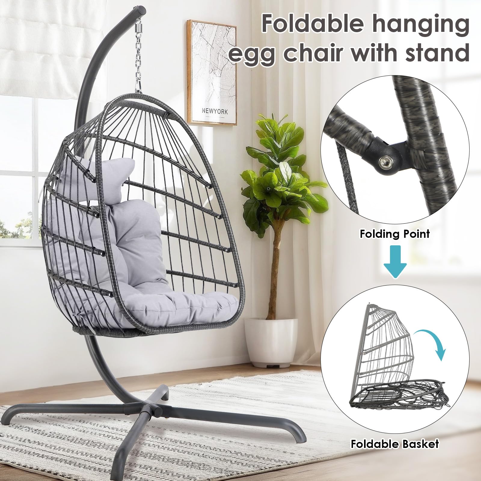 Premium Outdoor Hanging Egg Chair with Stand - Waterproof Cushions & PE Rattan Wicker - Foldable Swing Chair for Patio, Garden, Balcony - Indoor/Outdoor Use - 350lbs Capacity (Light Grey) - Perfect for Relaxing, Reading & Lounging in Your Backyard or Living Room