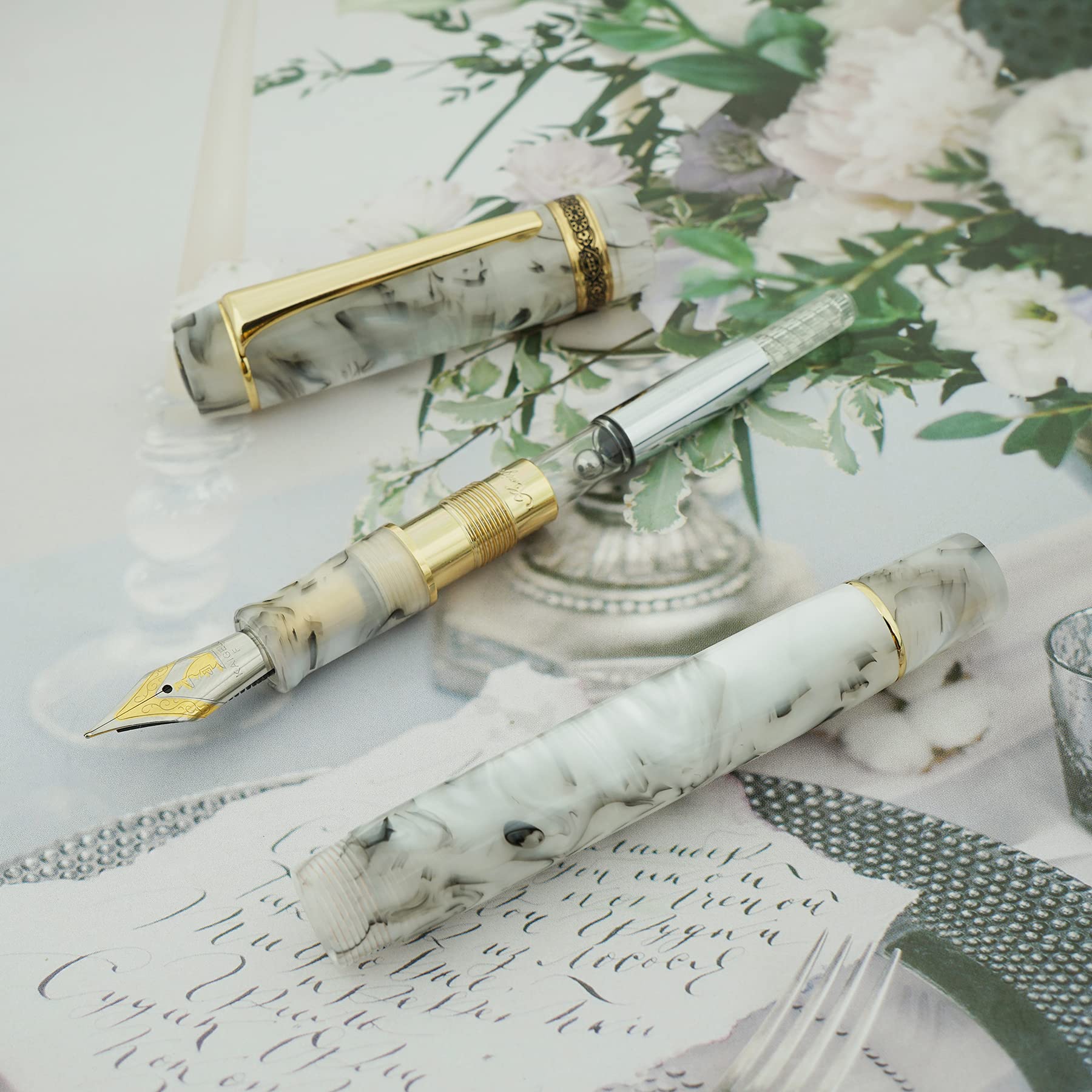 Asvine Kaigelu 316 White Marble Acrylic Fountain Pen with Iridium Medium Nib - Classic Elegant Writing Instrument with Ink Converter for Calligraphy, Journaling & Office Use