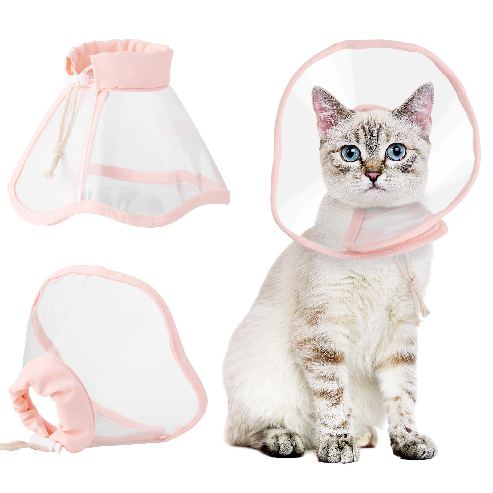 BENCMATE Soft Cat Recovery Collar - Adjustable Drawstrings, Low Noise Fasteners, Transparent Pet Cone for Post-Surgery & Wound Protection - Prevents Licking & Scratching - Extra Comfortable (Pink, XSmall) - Ideal for Cats After Spay/Neuter Surgery or Skin Treatment