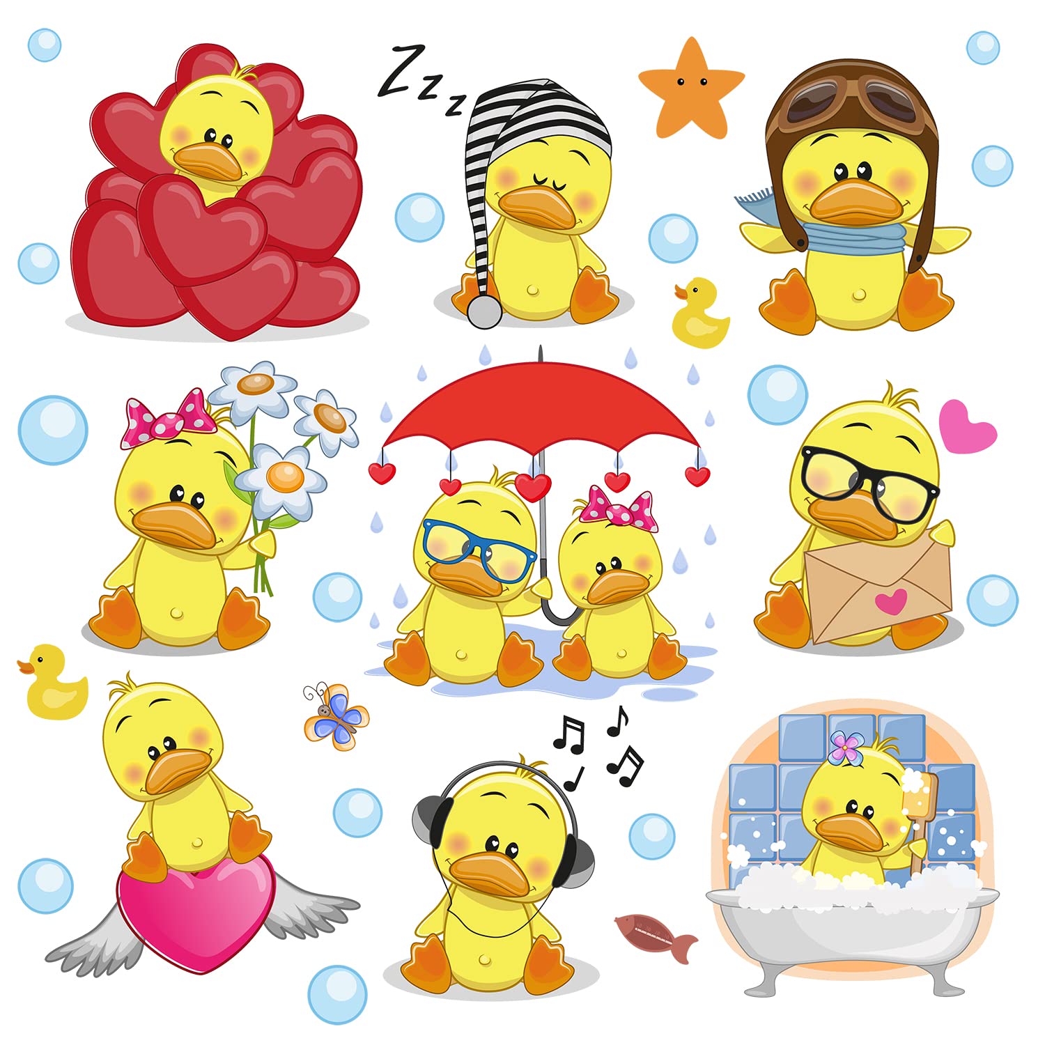 WOYINIS Cute Yellow Duck Wall Decals - Peel & Stick Removable Duck with Bubbles Sticker Set for DIY Kids Room, Playroom & Bathroom Decor - Perfect for Summer Nursery Wall Art and Baby Shower Decorations