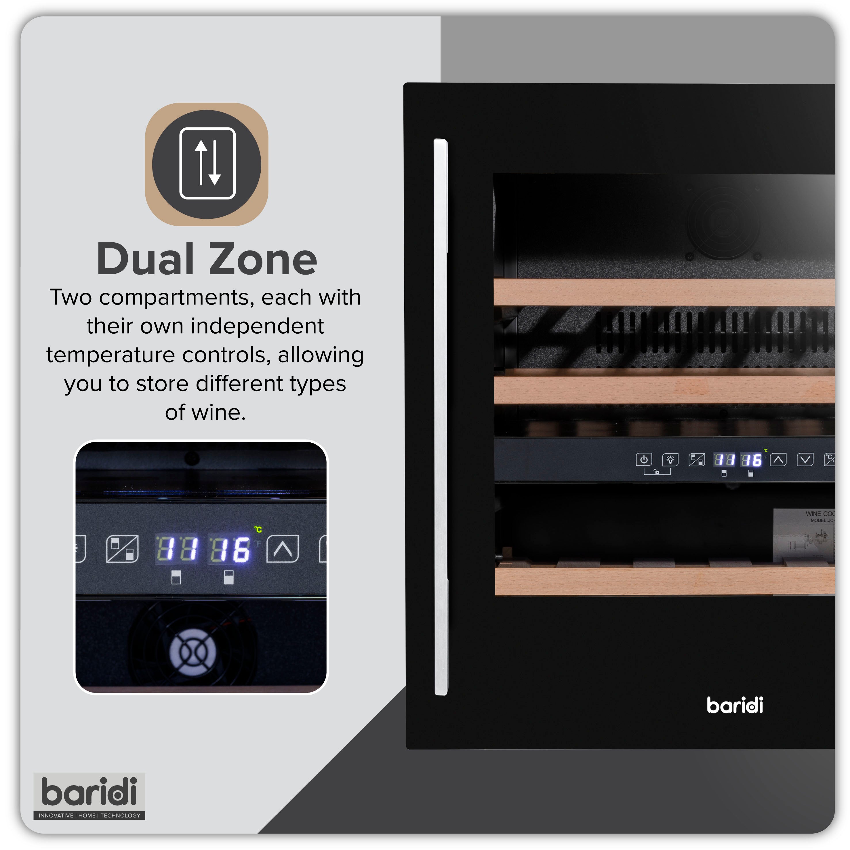 Baridi 60cm Built-In 36 Bottle Dual Zone Wine Cooler with Beech Wood Shelves - Black (DH117) | Perfect for Home Bars, Restaurants & Wine Cellars | Energy Efficient & Quiet Cooling