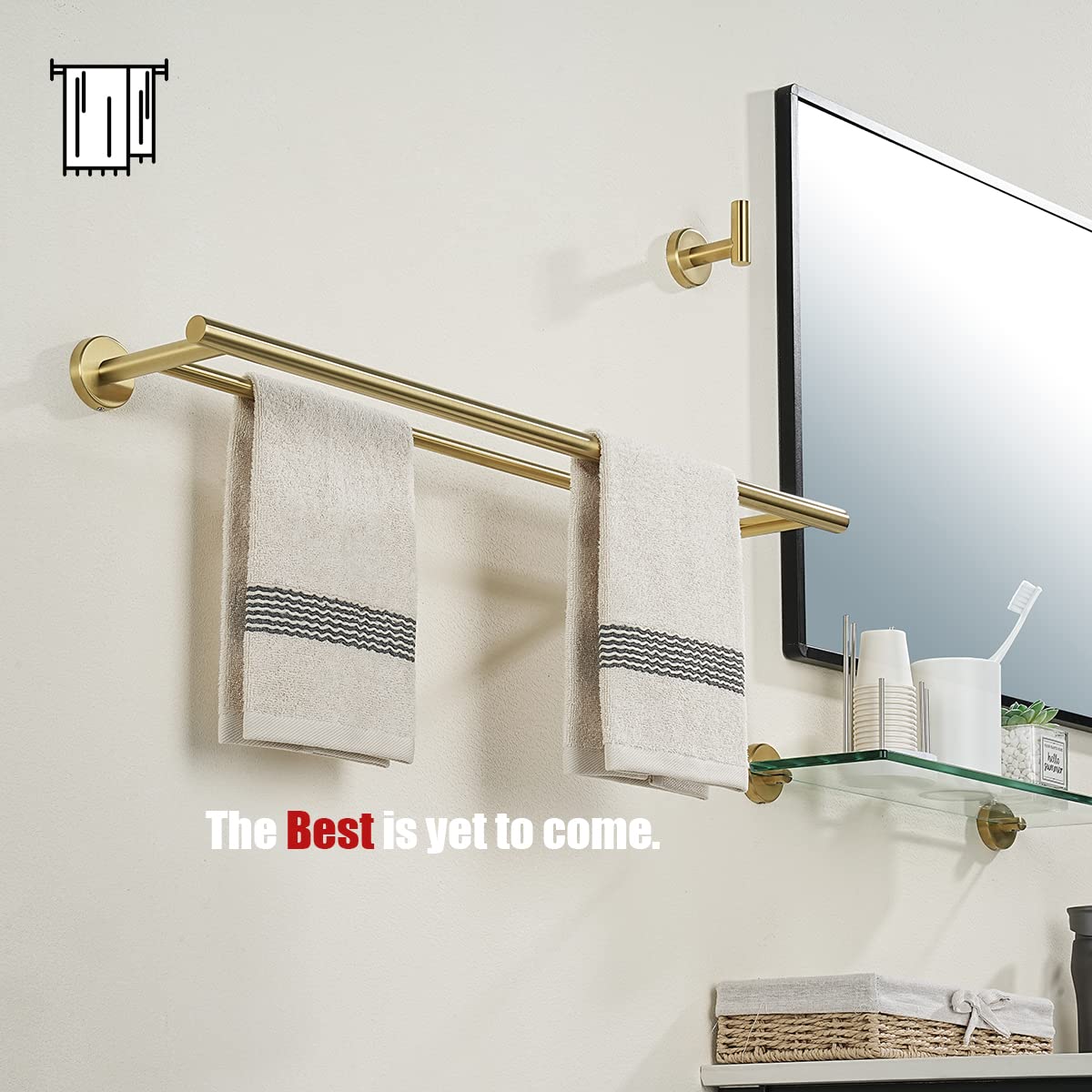 24 Inch Brass Gold Bath Towel Rack - JQK Double Towel Bar for Bathroom, 304 Stainless Steel Thickened 0.8mm Wall Mount Towel Holder in Brushed Gold (27.16 Inch Total Length, Model TB100L24-BG) - Perfect for Spa, Hotel, and Home Bathroom Decor