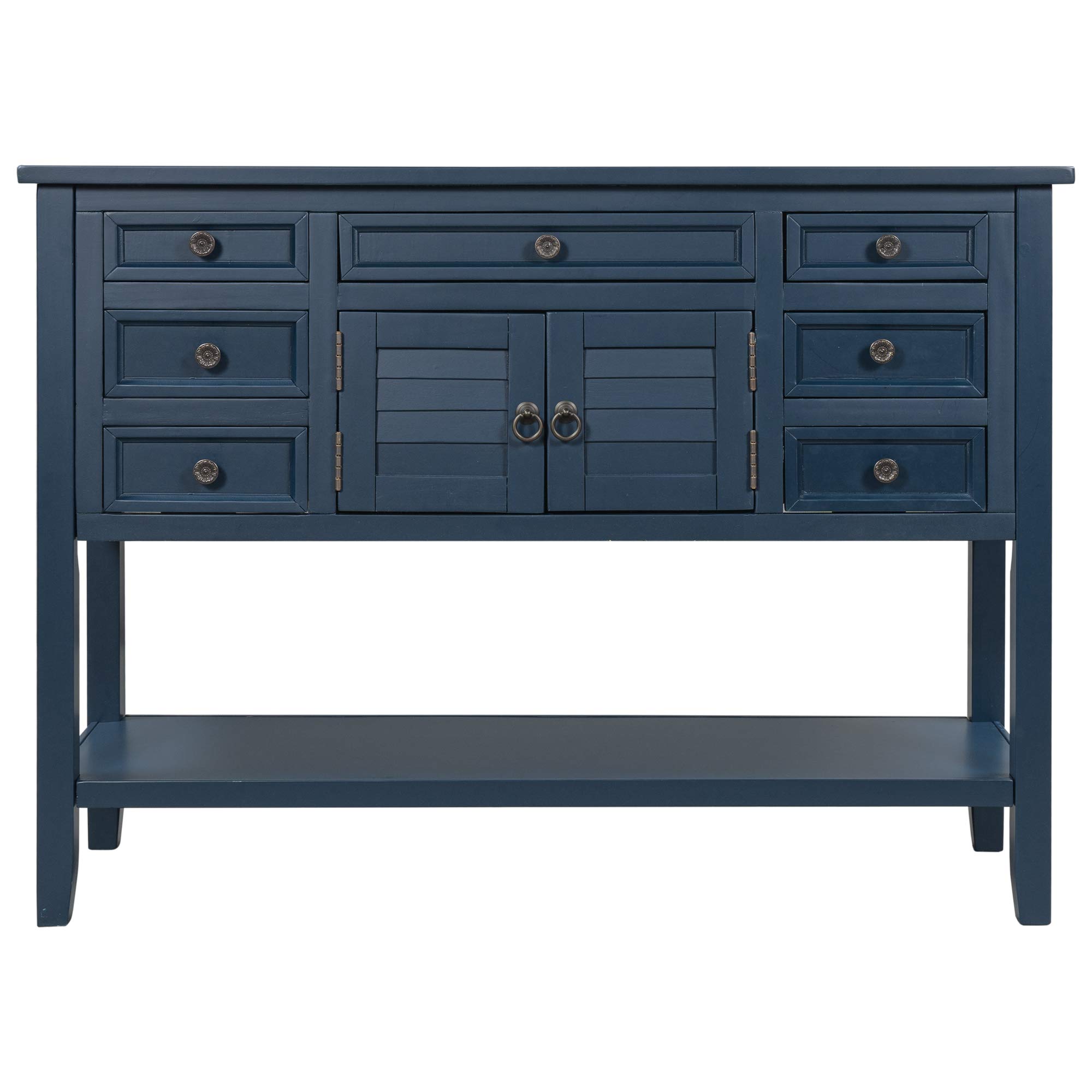 Solid Wood Console Table with Metal Handles & 7 Drawers - Free Standing Kitchen Storage Sideboard Buffet Table - Retro Narrow Accent Table for Living Room, Entryway, Hallway - Perfect for Home Decor & Small Space Organization