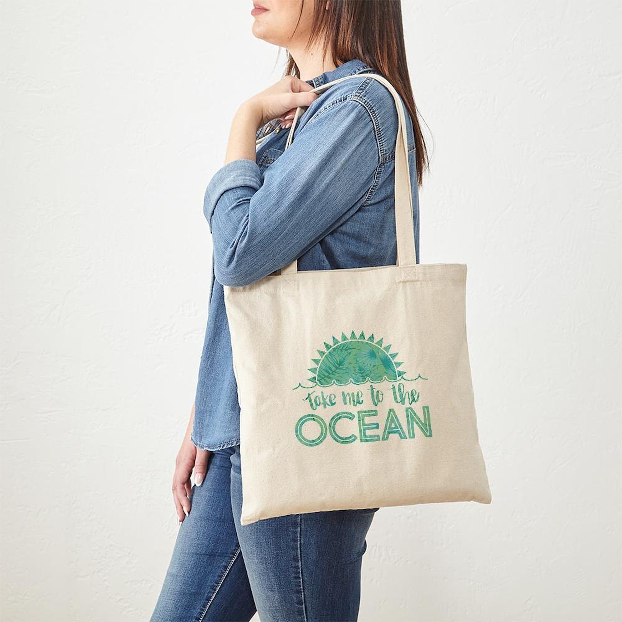 Take Me To The Ocean Print Tote Bag - Natural Canvas Reusable Shopping Bag for Beach, Grocery & Everyday Use | Eco-Friendly Cotton Tote