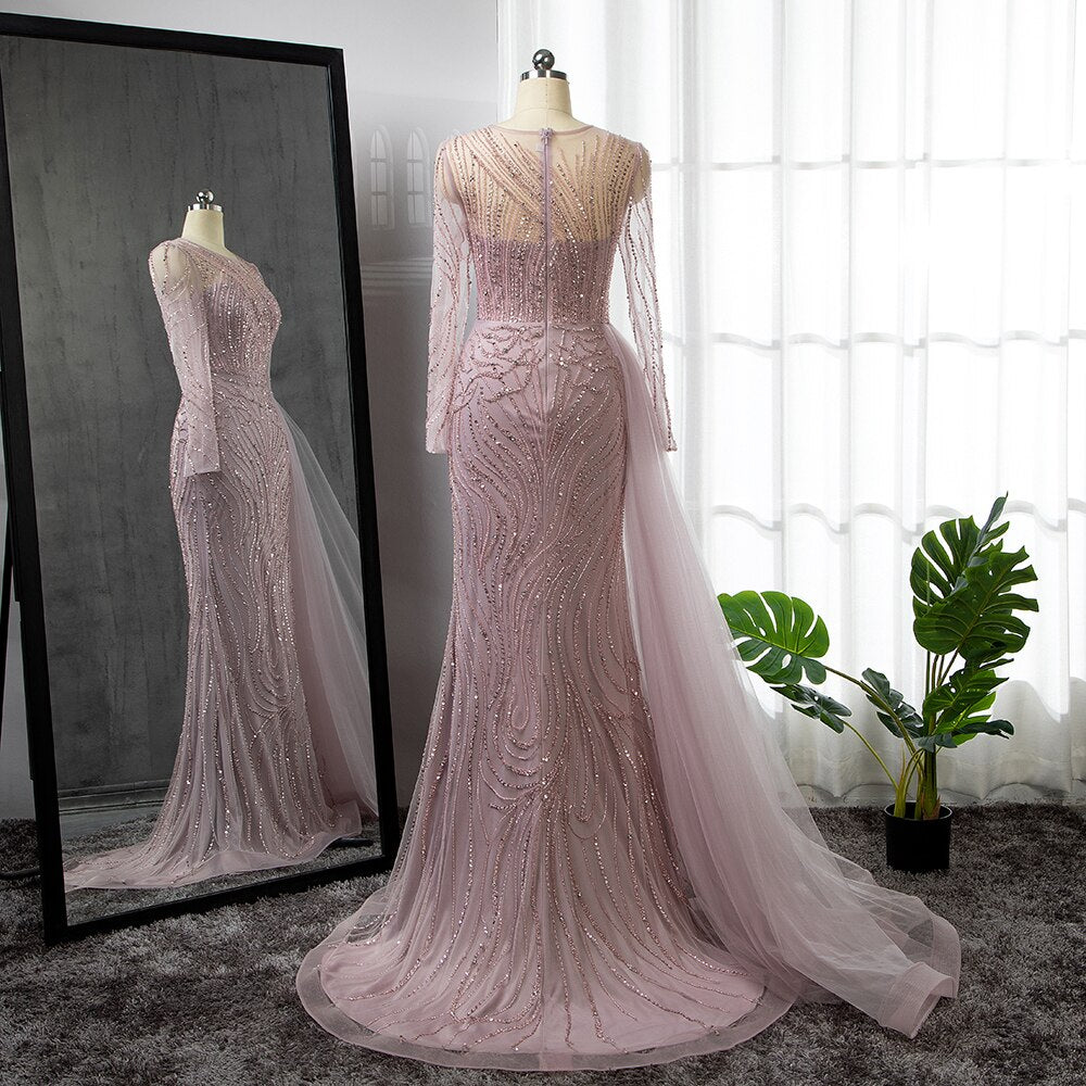 Elegant Pink Mermaid Evening Gown with Beaded Skirt - 2025 O-Neck Luxury Party Dress for Women | Perfect for Prom, Gala & Formal Events - LA71673