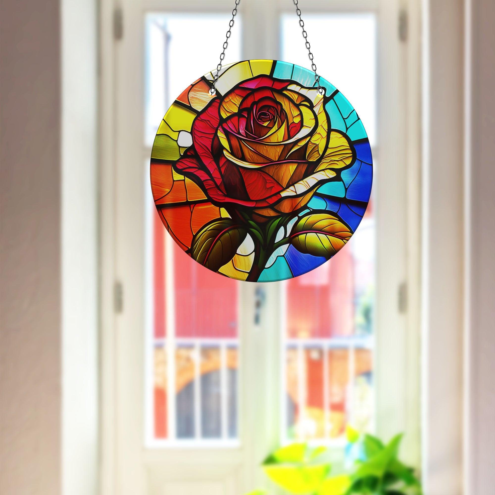 Vibrant Stained Glass Rose Suncatcher - Handmade Window Decor for Home, Office & Garden - Perfect for Gifts, Wedding Decor & Sunshine Display
