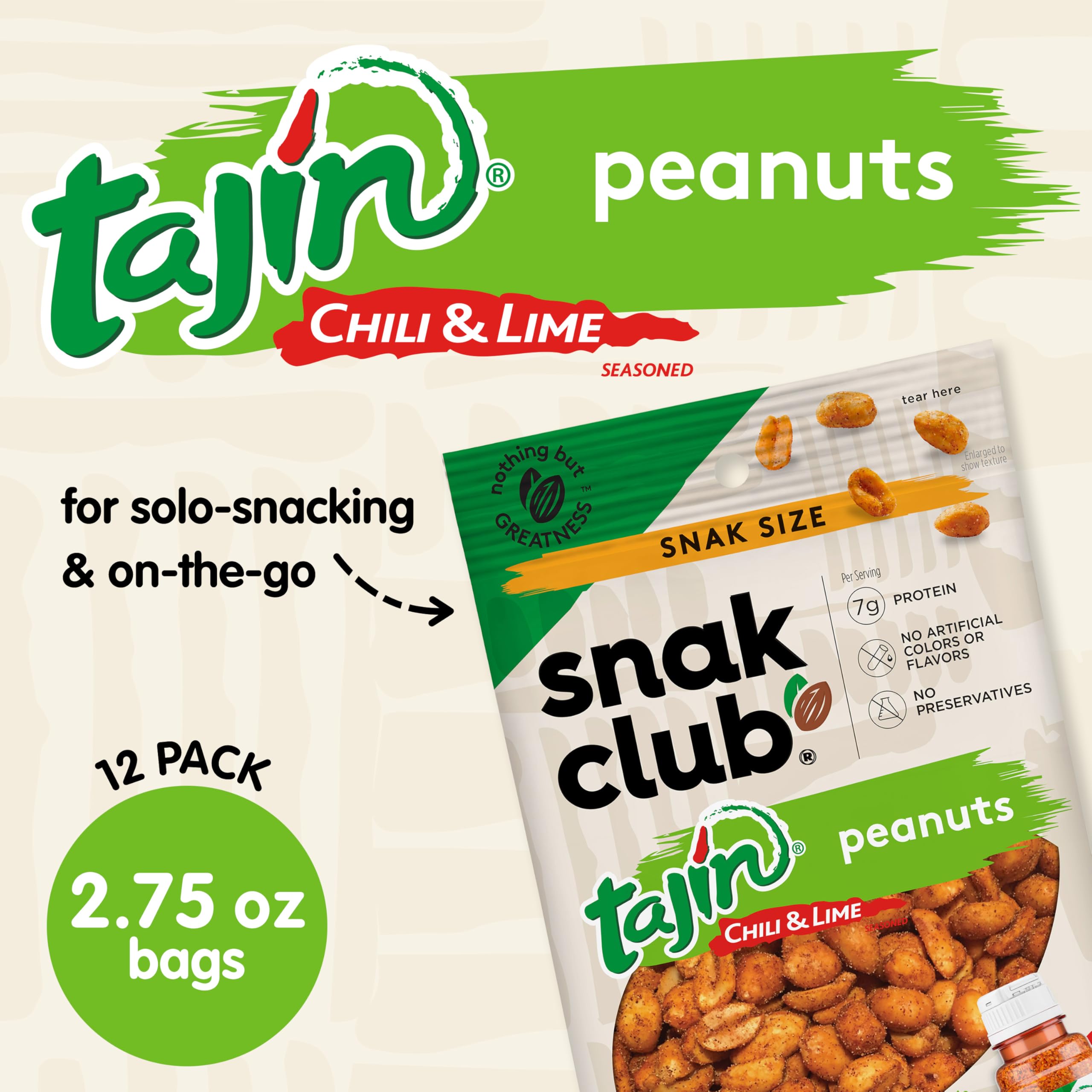 Snak Club Tajin Peanuts - Roasted Chili Lime Seasoned Nuts | Mild & Gluten-Free Kosher Snacks | No Artificial Colors or Flavors | Low Cholesterol | 2.75oz Bags (12 Pack) | Perfect for Parties, Hiking & Office Snacking