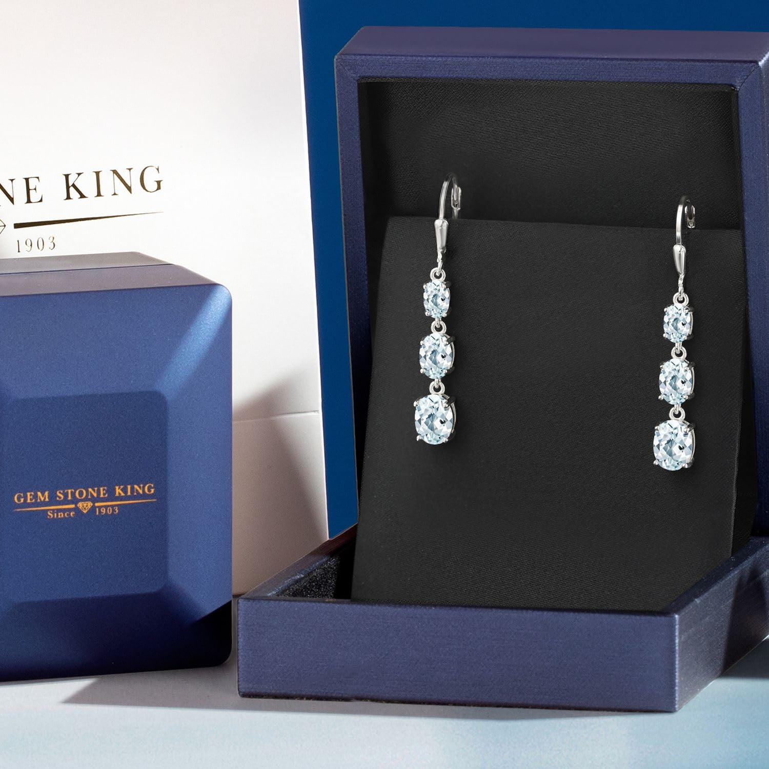 Gem Stone King 3-Stone Leverback Drop Dangle Earrings for Women - 925 Sterling Silver Birthstone Jewelry | Oval 8x6mm, 7x5mm & 6x4mm Gemstones | Elegant Gift for Mom, Wife, Her | Perfect for Weddings, Anniversaries & Special Occasions