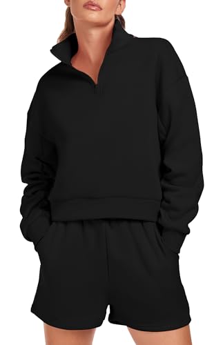 FKEEP Women's 2-Piece Oversized Half-Zip Sweatshirt & Shorts Set - Casual Lounge Wear & Athleisure Outfit for Home, Gym, and Street Style