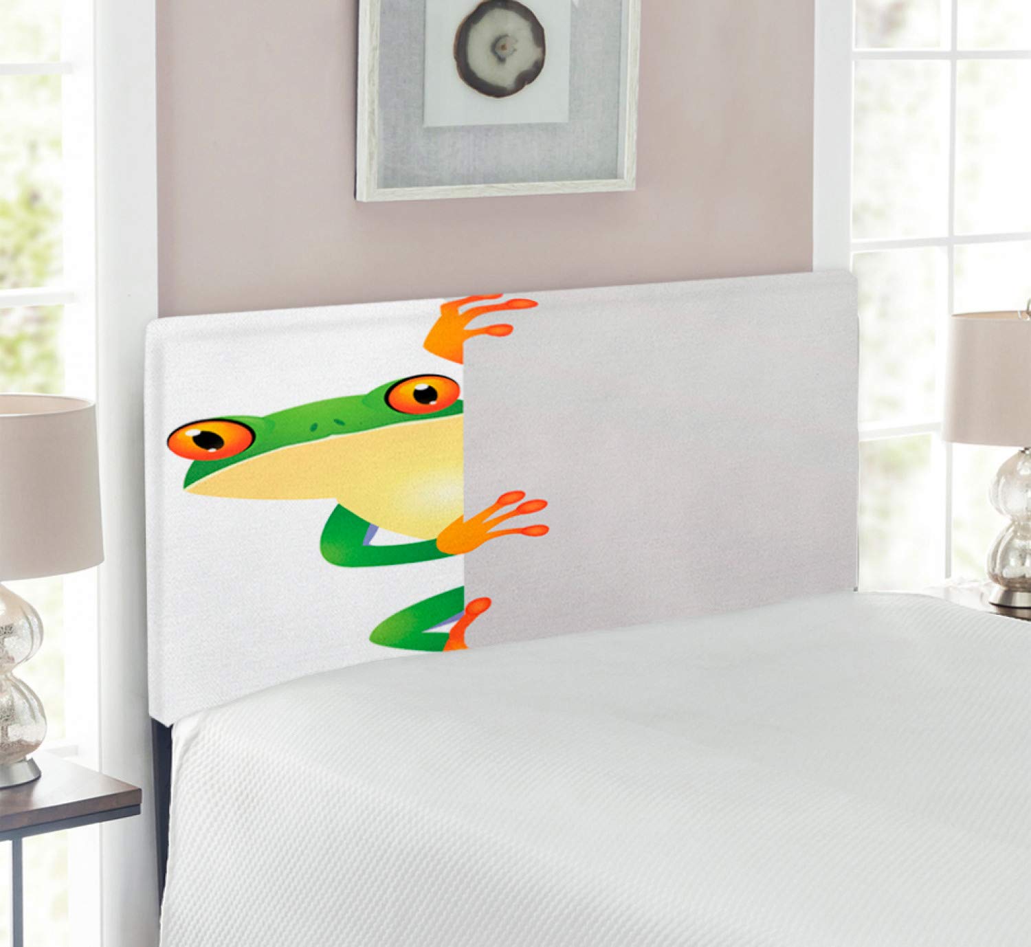 Ambesonne Reptile Headboard - Funky Frog Prince Design with Big Eyes, Camouflage Reptile Theme, Upholstered Decorative Metal Bed Frame with Memory Foam (Twin Size, Green Yellow Orange) - Perfect for Kids' Bedrooms, Jungle Themed Decor & Reptile Lovers