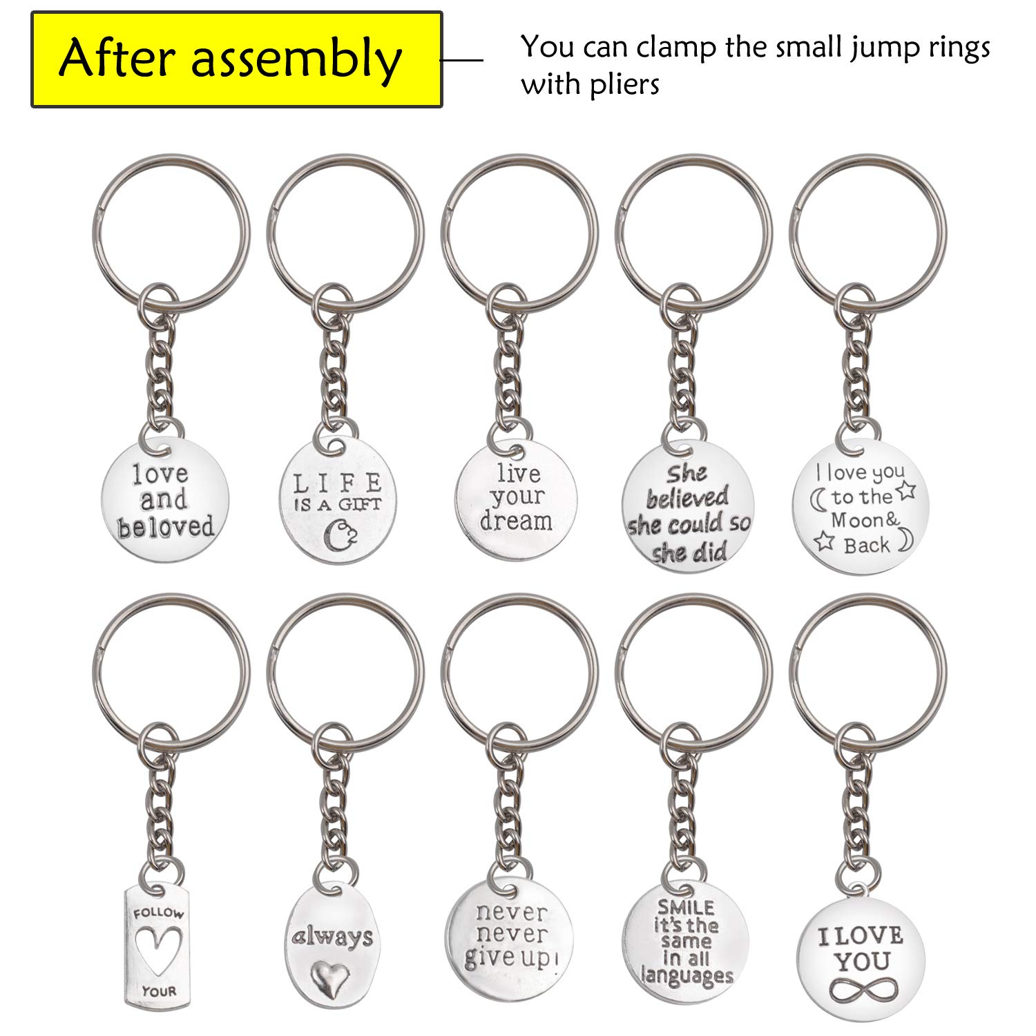 10-Piece Metal Key Ring Set with Charms - DIY Keychain Gifts for Home & Office
