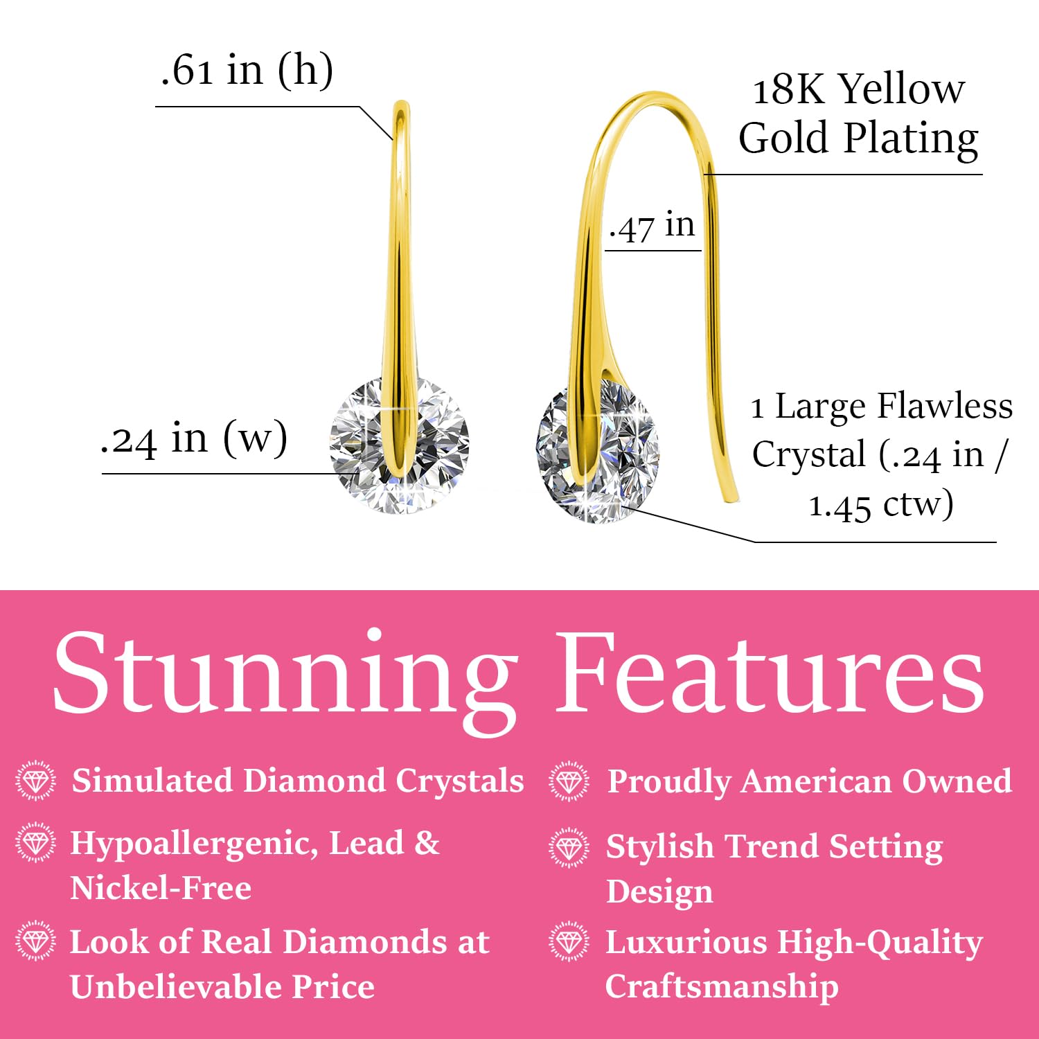 Cate & Chloe McKayla 18k White Gold Plated Crystal Drop Dangle Earrings for Women - Elegant Solitaire Hook Earrings for Party, Wedding & Everyday Wear