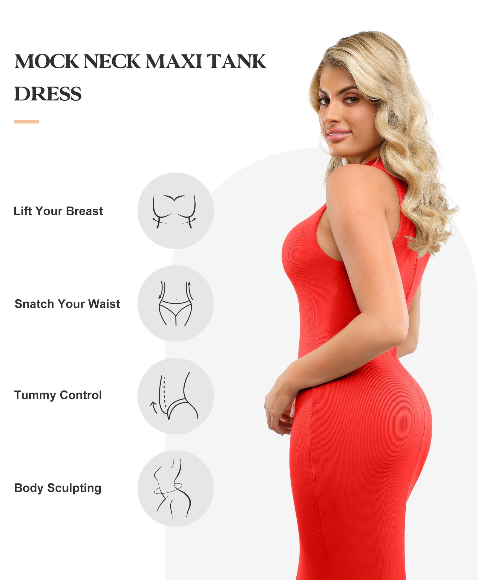 Popilush Shapewear Dress with Built-in Bra - Slimming Maxi Bodycon Dress, Mock Neck Sleeveless Summer Dress for Women | Perfect for Weddings, Parties & Everyday Wear