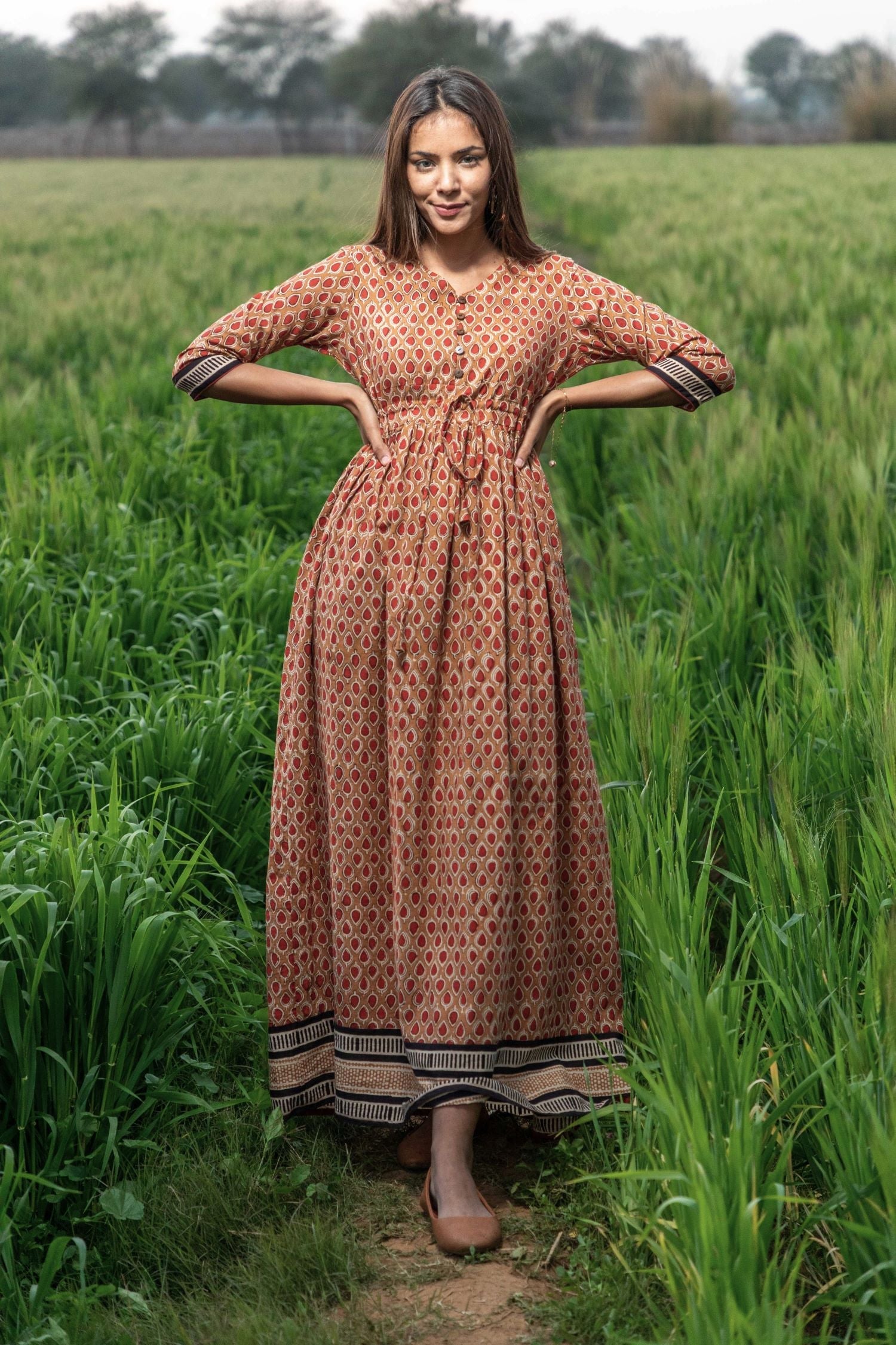 Handblock Printed Pure Cotton Dress - 'Earthen Bliss' Bagru by Sootisyahi | Traditional Indian Cotton Dress for Women | Perfect for Festivals, Weddings & Boho Fashion
