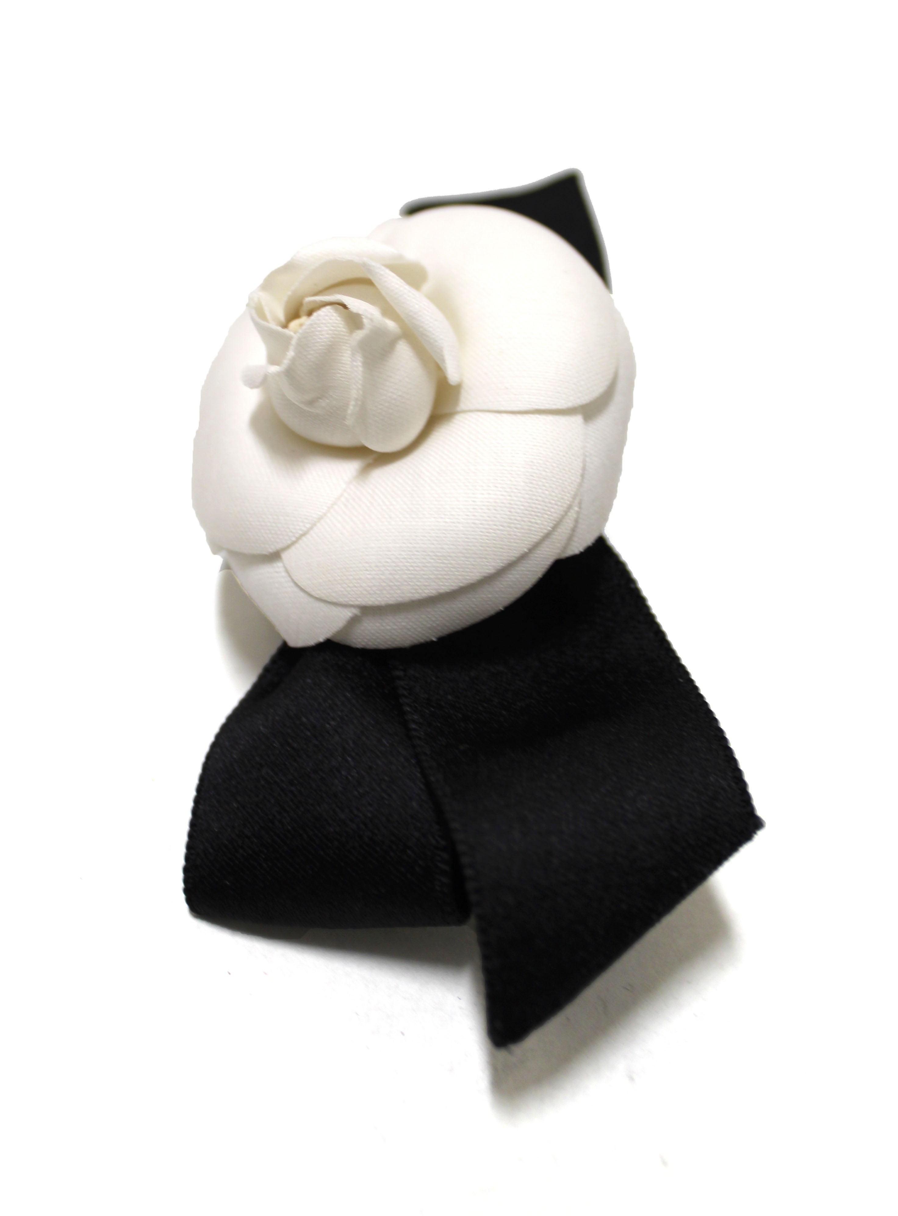 Authentic Chanel Black & White Camellia Flower Satin Bow Barrette Hair Clip - Luxury Hair Accessory for Women, Bridal, Wedding & Special Occasions