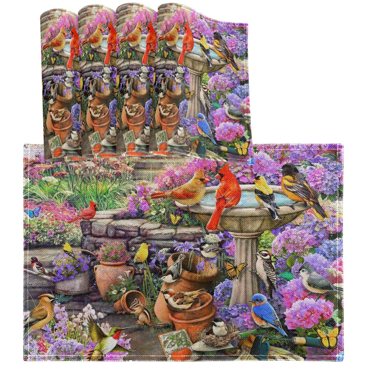 Vintage Floral Cardinal Birds Placemats Set of 4 - Heat-Resistant Washable Table Mats with Songbird Design for Kitchen & Dining Table Decor - Perfect for Spring Parties, Holiday Dinners, and Home Decor