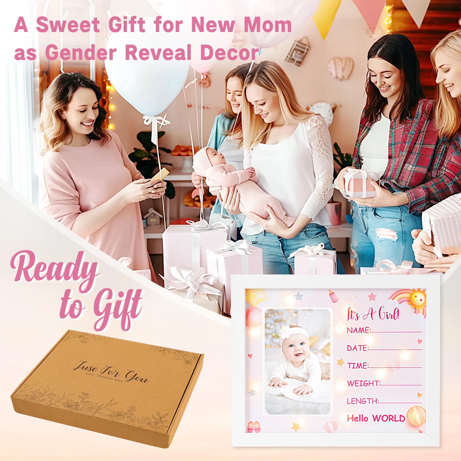 Personalized LED Shadow Box Picture Frame - Baby Girl Birth Announcement Sign, Gender Reveal Gift for New Parents | Perfect for Baby Showers, Nursery Decor & Newborn Welcome Gifts | Must-Have Baby Registry Essential