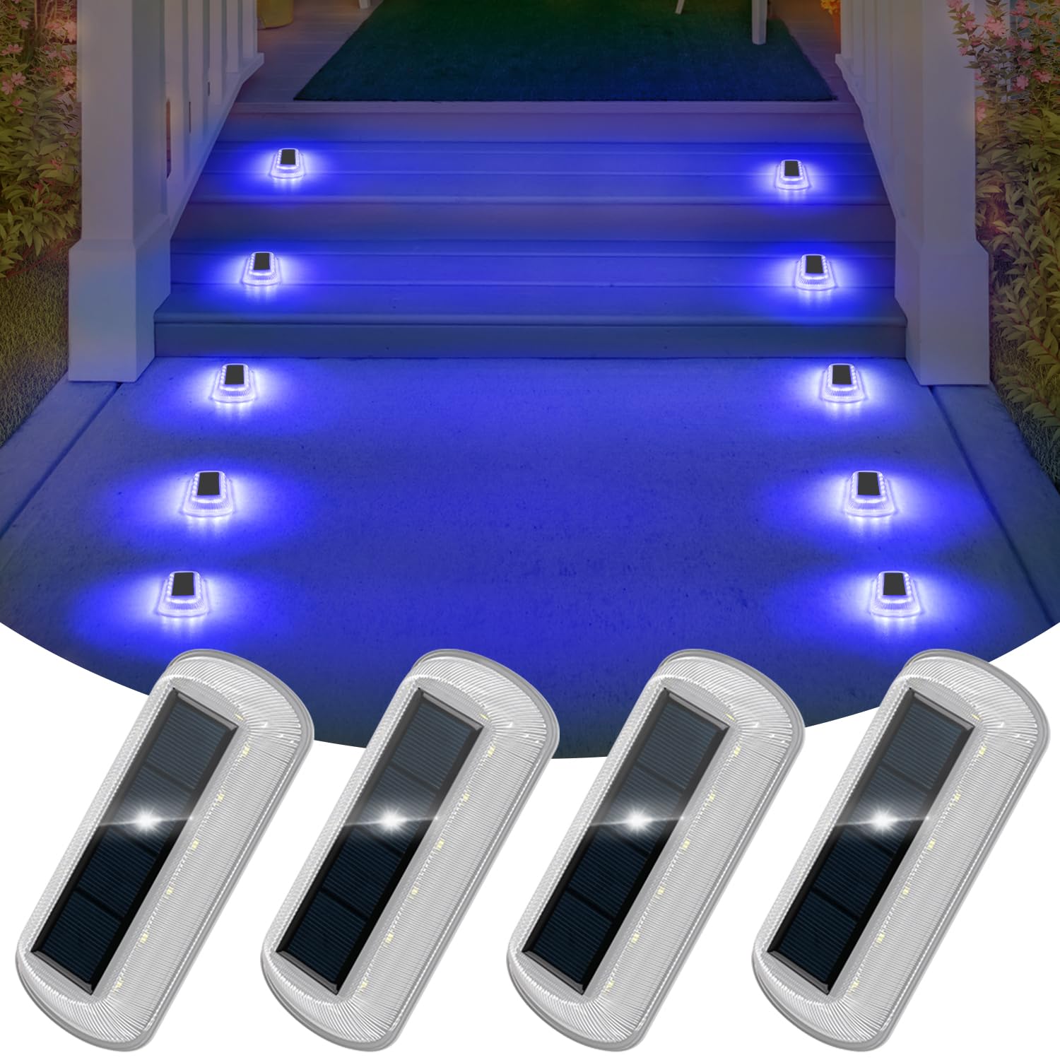 T-SUN 4 Pack Solar Step Lights - Waterproof Outdoor LED Stair Lights for Deck, Fence, Driveway, Yard, Balcony, Pathway & Front Porch | Solar-Powered Blue Lighting for Nighttime Safety & Decoration