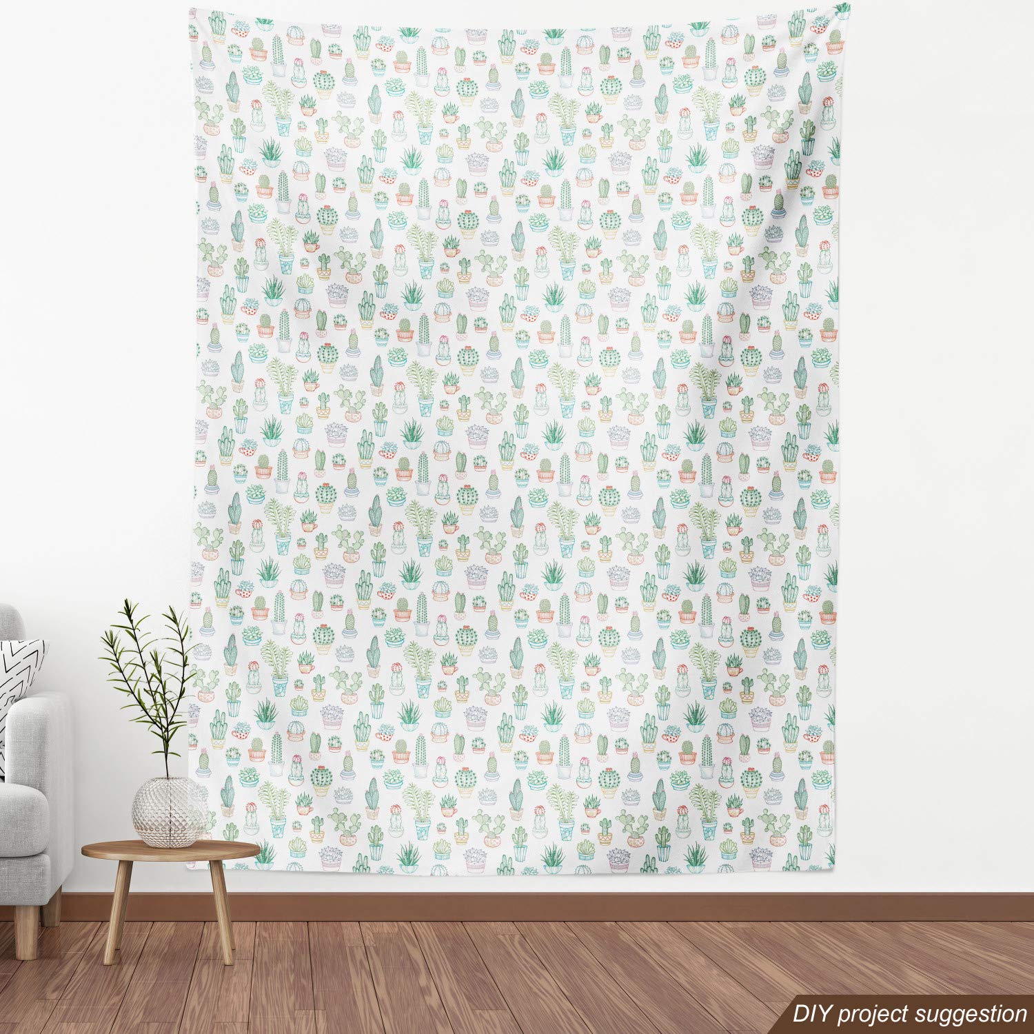 Ambesonne Agate Fabric by The Yard - Cactus & Tropical Plant Sketch Print, Minimalist Green & White Upholstery Material (10 Yards) for Sofa Covers, Pillows & Home Decor | Perfect for Boho, Desert & Modern Interior Design