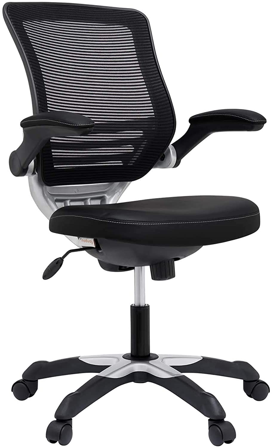 Modway Edge Ergonomic Mesh Back Office Chair with White Vinyl Seat & Flip-Up Arms - Adjustable Black Computer Desk Chair for Home & Office Workspaces