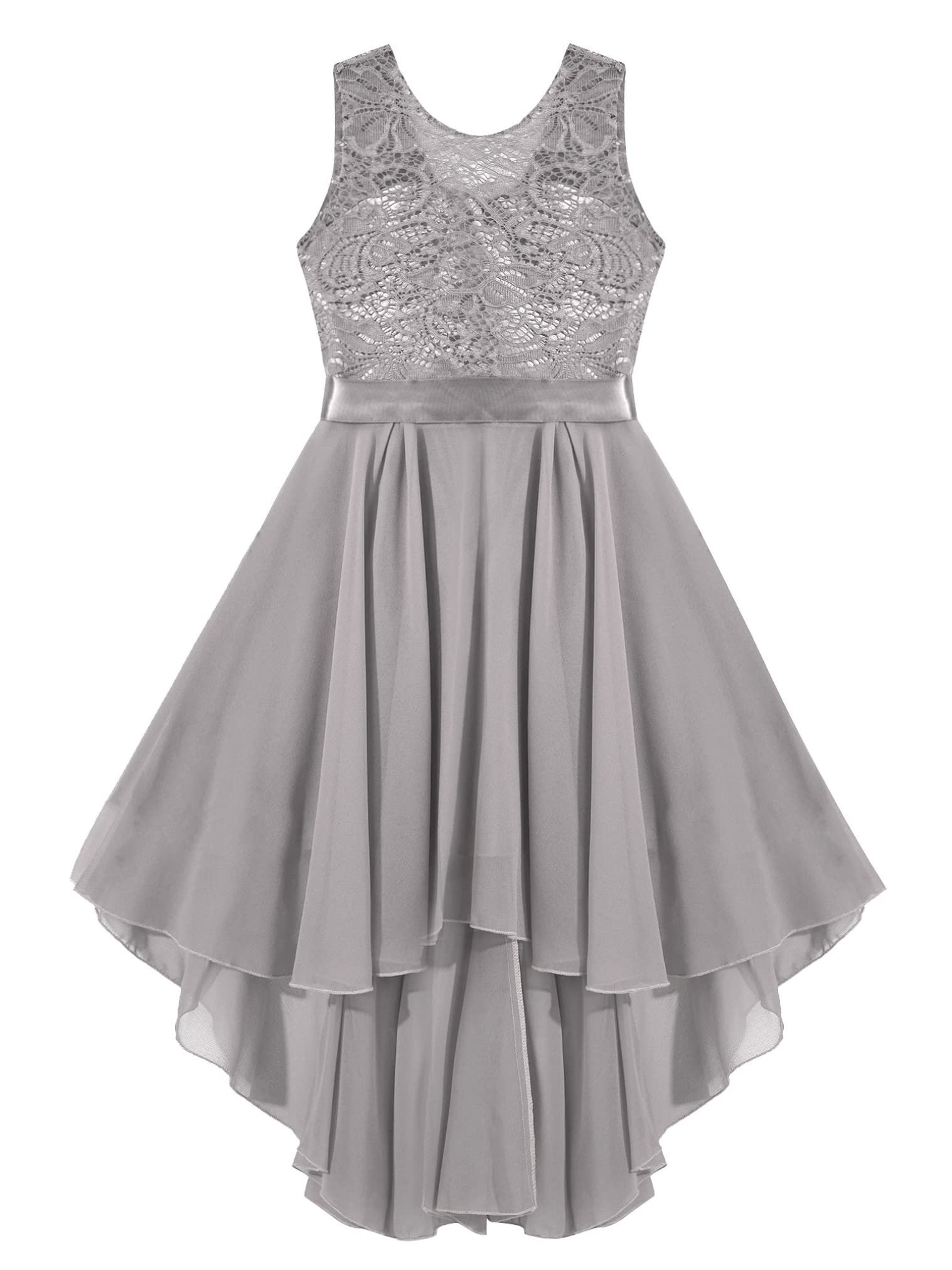 Girls Chiffon Sleeveless Floral Lace Bridesmaid Dress with High-Low Hem - Perfect for Weddings, Flower Girls, and Special Occasions