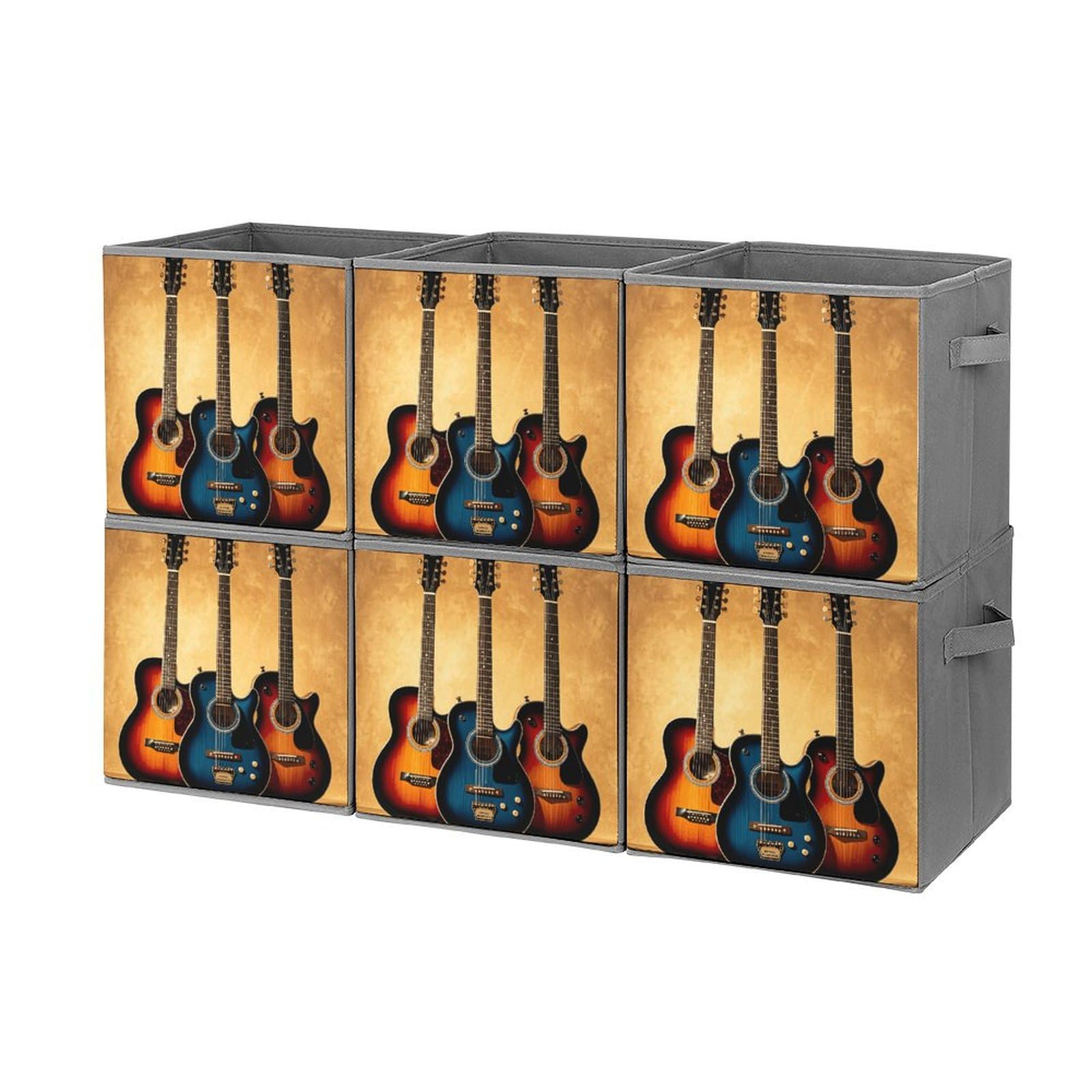 6-Piece Collapsible Storage Bins with Handles - Printed Guitar Design Multi-Purpose Organizer Boxes for Shelves, Closet, Kitchen & Home Organization - Space Saving Storage Baskets for Household Items, Toys & Collections