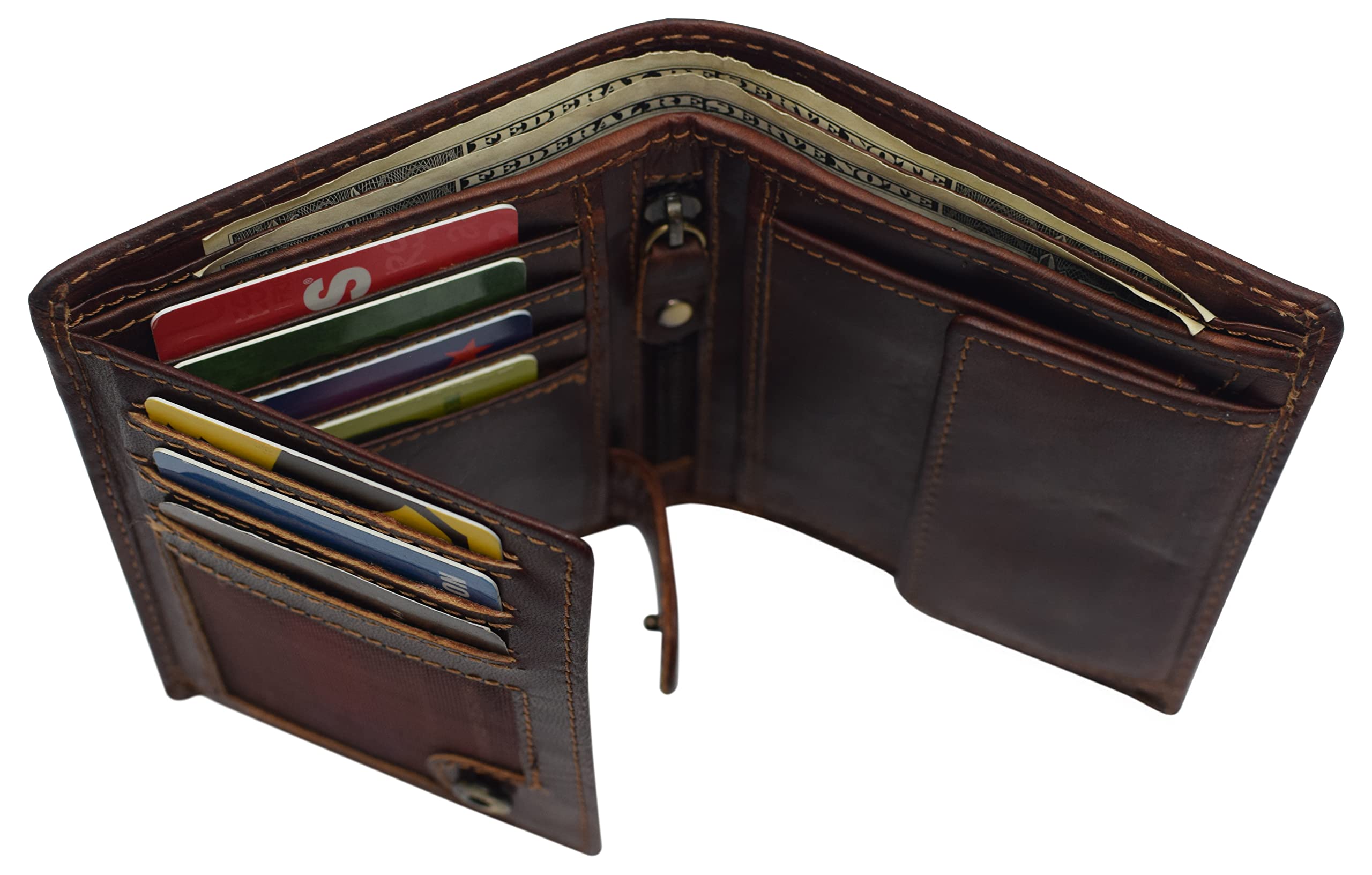 Genuine Vintage Leather RFID Wallet for Men - Bifold & Trifold Design with Snap Closure & 2 ID Windows - Large Capacity Card Holder (Vintage Brown) | Perfect for Everyday Use, Travel & Business