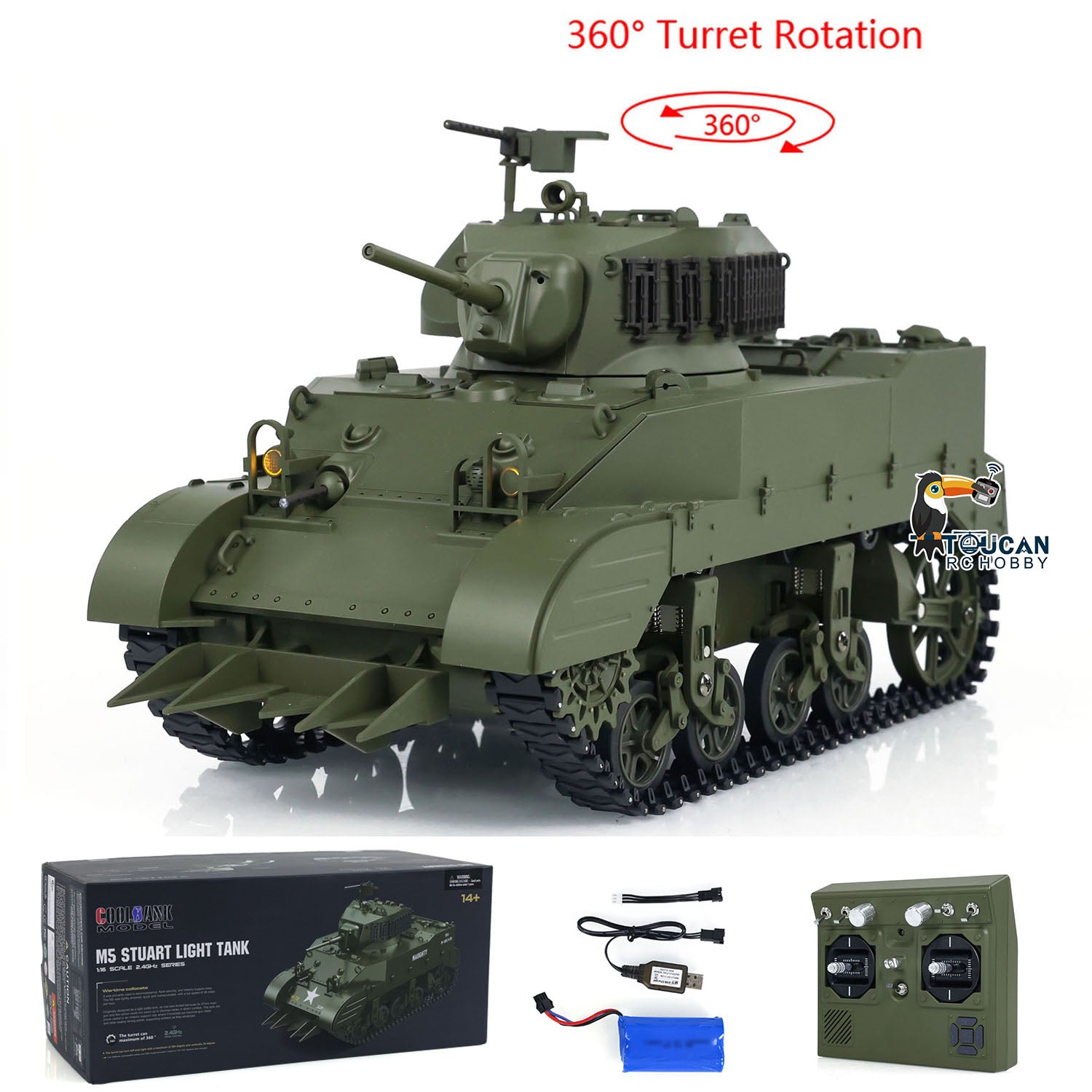 1/16 Scale RTR M5A1 Stuart Light Tank RC Military Model - 360° Rotating Turret & Recoiling Barrel - US/UK Version - Perfect for Collectors & Battle Reenactments