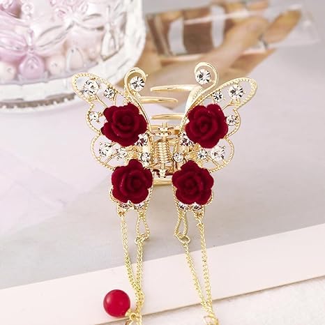 Red Rose Hair Claw Clip - Flocked Rose Hair Pin for Women & Girls | Wedding, Bridal & Party Hair Accessories | Perfect for Prom, Date Night & Special Occasions