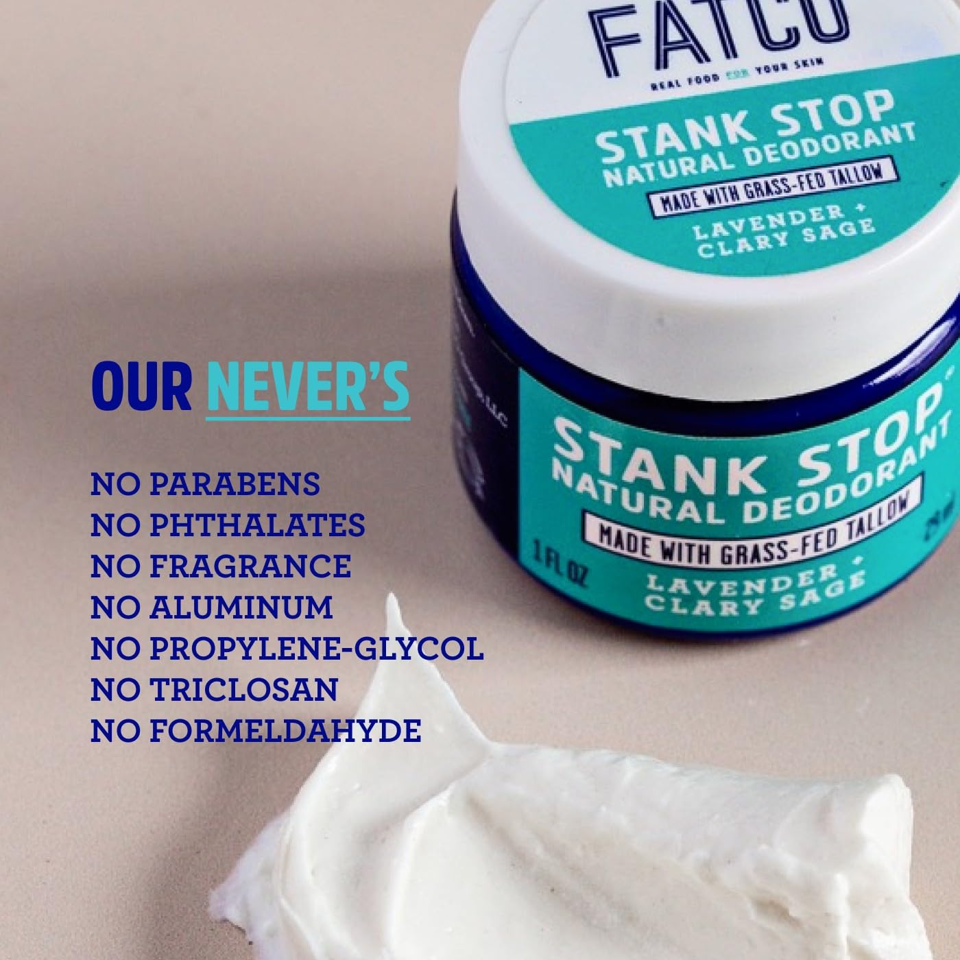 FATCO Stank Stop All Natural Deodorant Cream with Tallow & Organic Coconut Oil - Lavender Sage Scent, 1 oz Jar | Chemical-Free, Aluminum-Free Underarm Care for Women & Men | Perfect for Daily Use, Travel & Gym