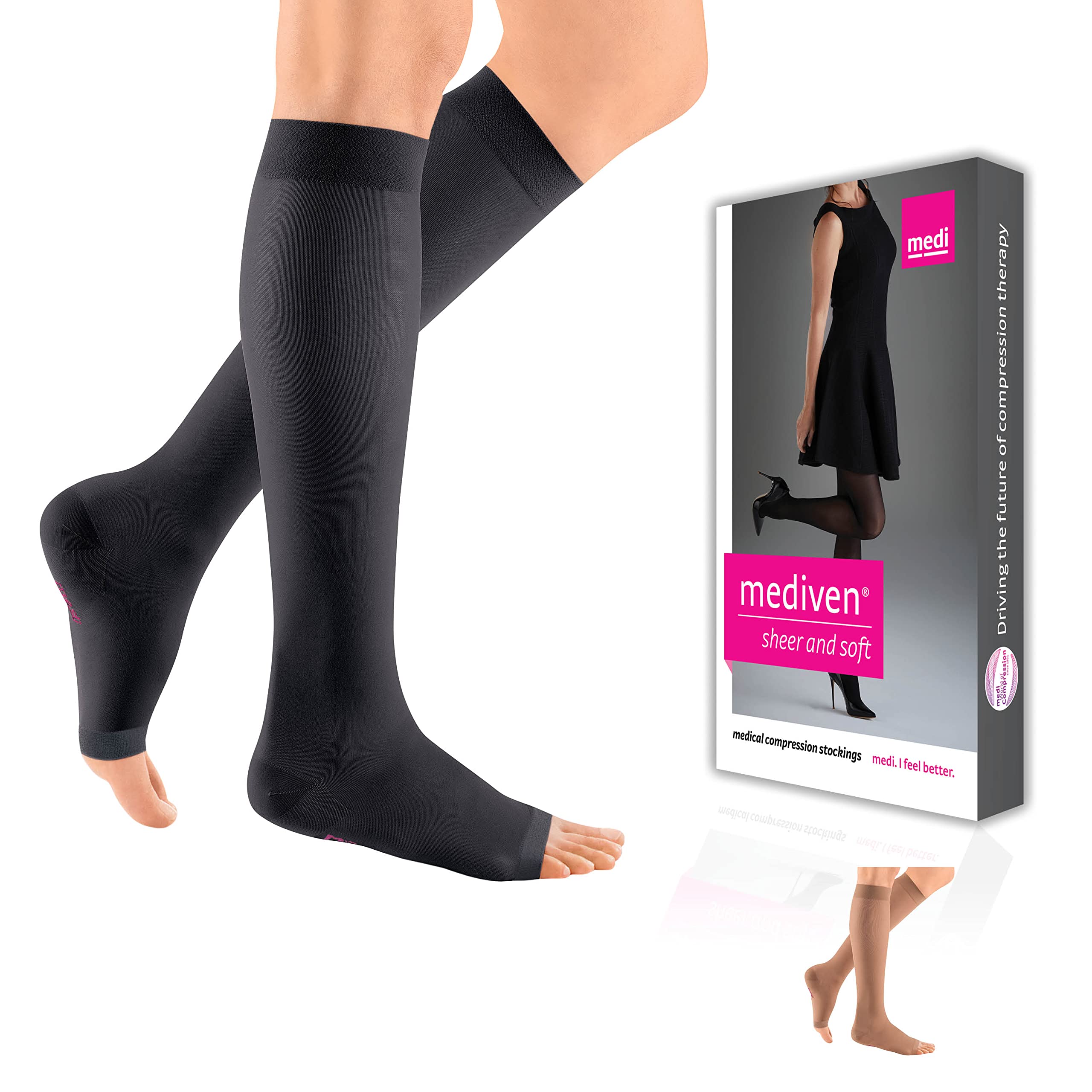 Mediven Sheer & Soft 30-40 mmHg Open Toe Compression Stockings for Women - Calf High Medical Socks, Ebony Color, Class II Standard - Ideal for Varicose Veins, Edema & Post-Surgery Recovery