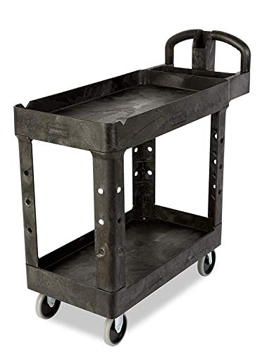 Rubbermaid Commercial 2-Shelf Utility Cart with Lipped Shelves & Ergonomic Handle - 500 lb Capacity for Warehouse, Garage, Cleaning & Manufacturing | Compact Service Cart for Storage, Organization & Workspace Efficiency (FG450088BLA)