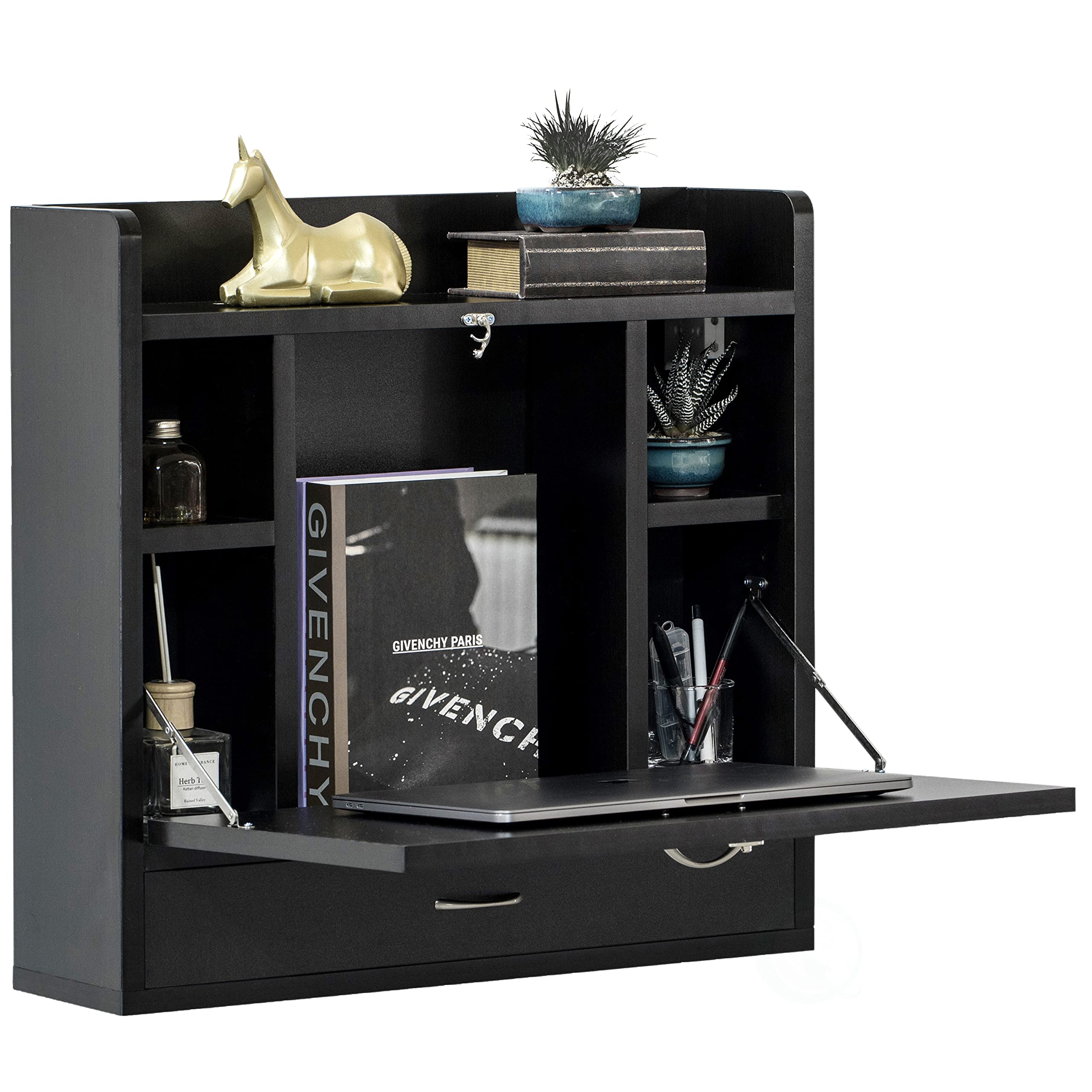 Basicwise Wall Mount Folding Desk - Space Saving Laptop Computer Writing or Makeup Table with Storage Shelves & Drawer, Black - Perfect for Small Apartments, Dorm Rooms & Home Offices