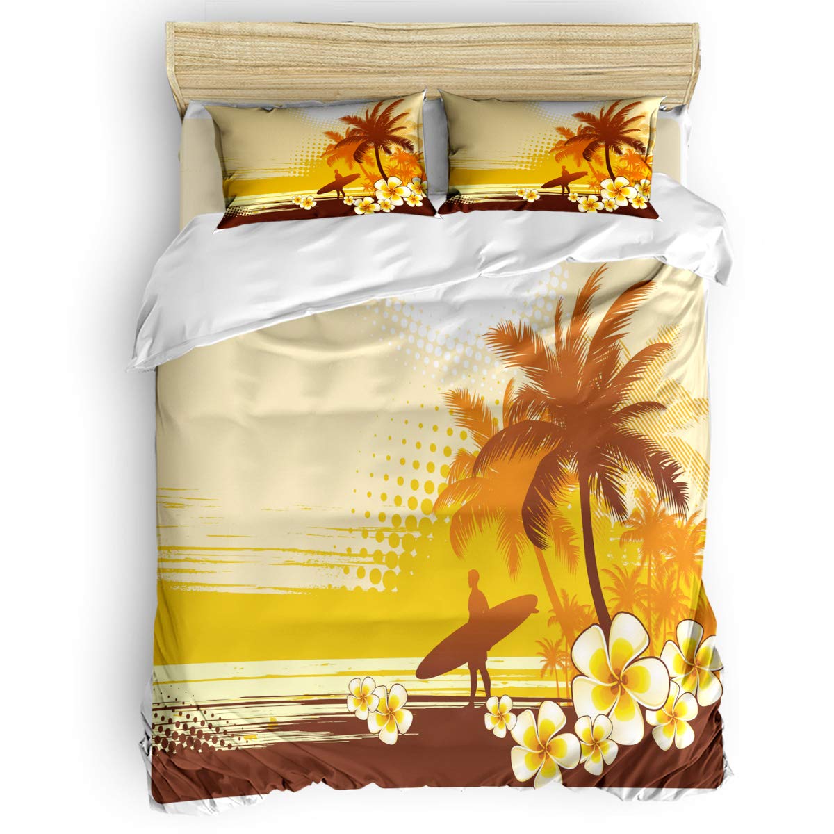 Soft Kids Bedding Set for Boys & Girls - Orange Beach Flowers & Surfers Duvet Cover, Breathable Lightweight 4-Piece King Size (1 Flat Sheet, 1 Duvet Cover, 2 Pillowcases) - Perfect for Beach-Themed Bedrooms & Summer Decor