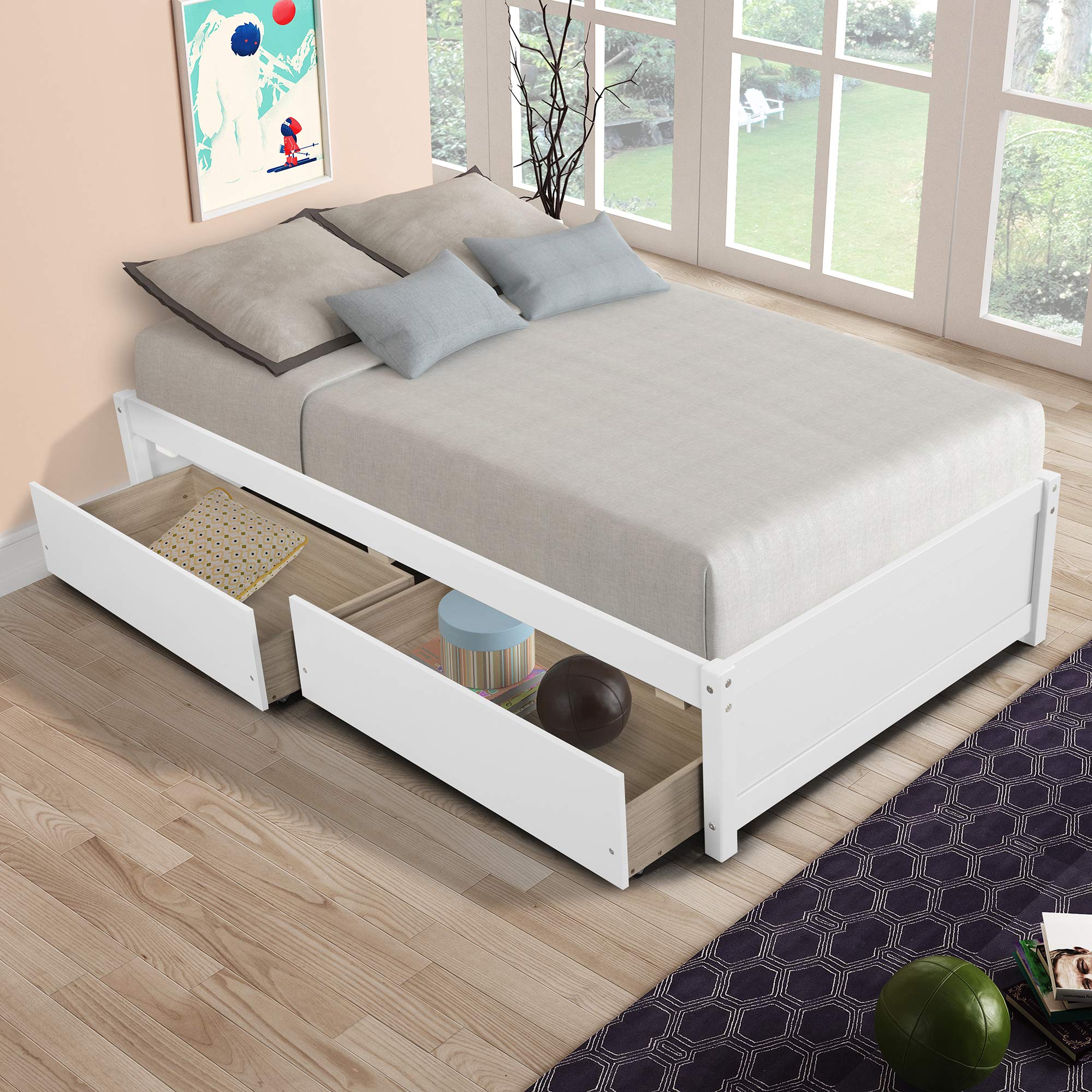 JULYFOX Twin Daybed Frame with 2 Storage Drawers - Sturdy Pine Wood Construction, No Headboard or Box Spring Needed - Low Profile Space-Saving Design for Kids, Teens & Adults - White | Perfect for Small Bedrooms, Guest Rooms & Dorm Rooms
