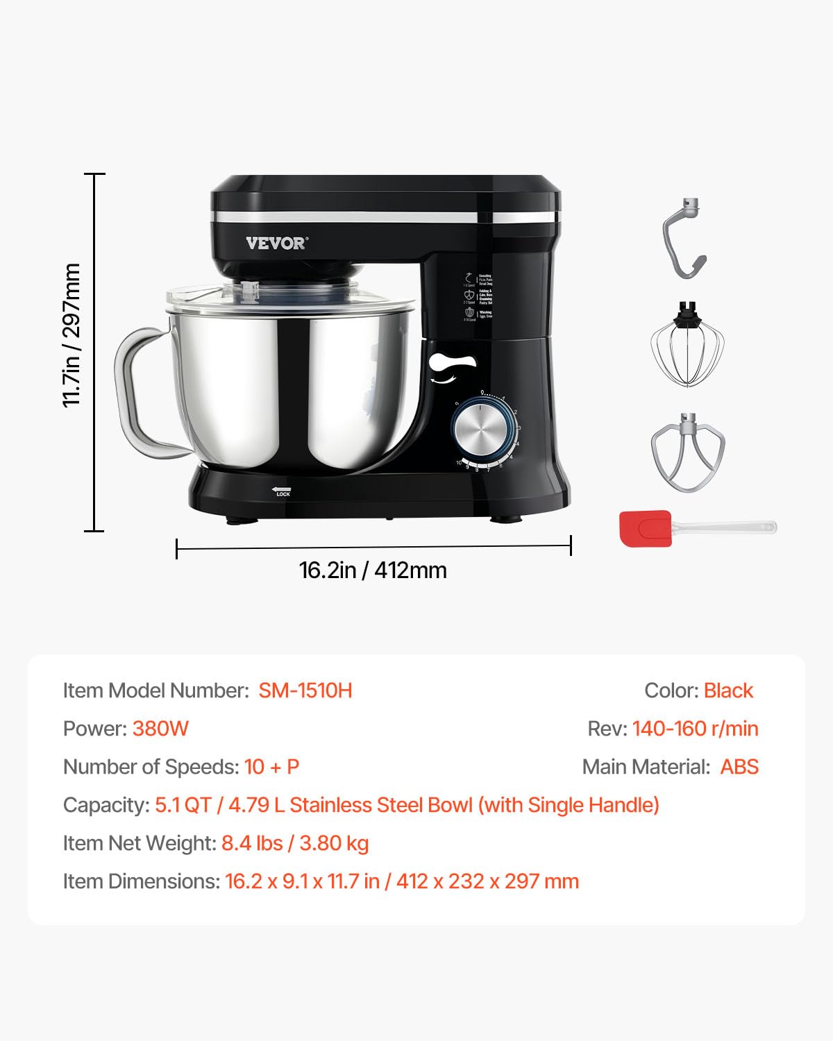 VEVOR 5QT Stand Mixer, 10+ Speed Tilt-Head Food Mixer with Stainless Steel Bowl - Dough Hook, Wire Whip, Beater & Scraper Included - Perfect for Baking Cookies, Cakes & Bread - Heavy Duty Kitchen Mixer for Home & Commercial Use