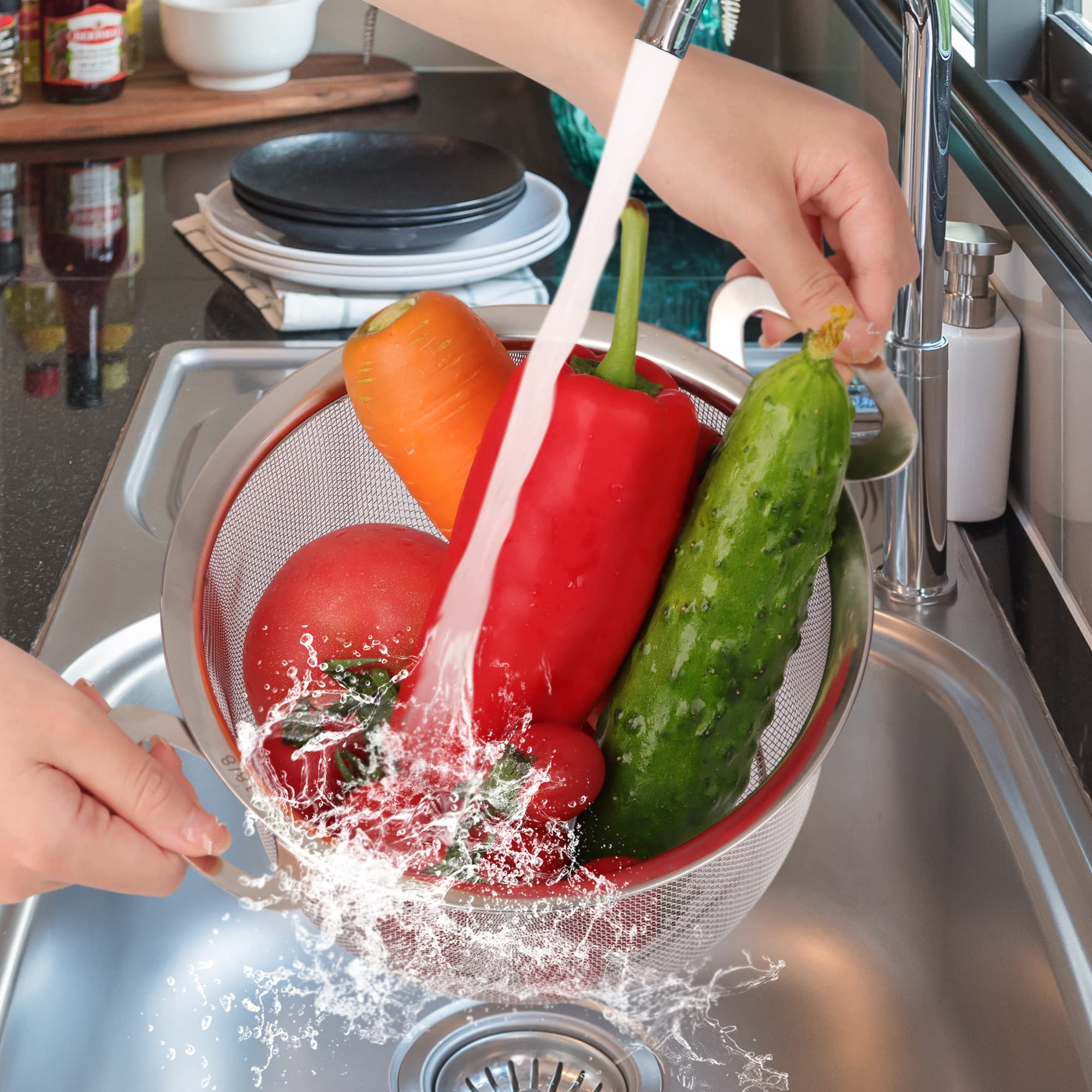 2 Pack Stainless Steel Kitchen Colanders - 18/8 Fine Mesh Strainer with Handles for Pasta, Rice, Fruits & Vegetables | Durable Sieve with Resting Feet for Straining, Rinsing, Steaming & Cooking | Perfect for Meal Prep, Salad Making & Healthy Cooking