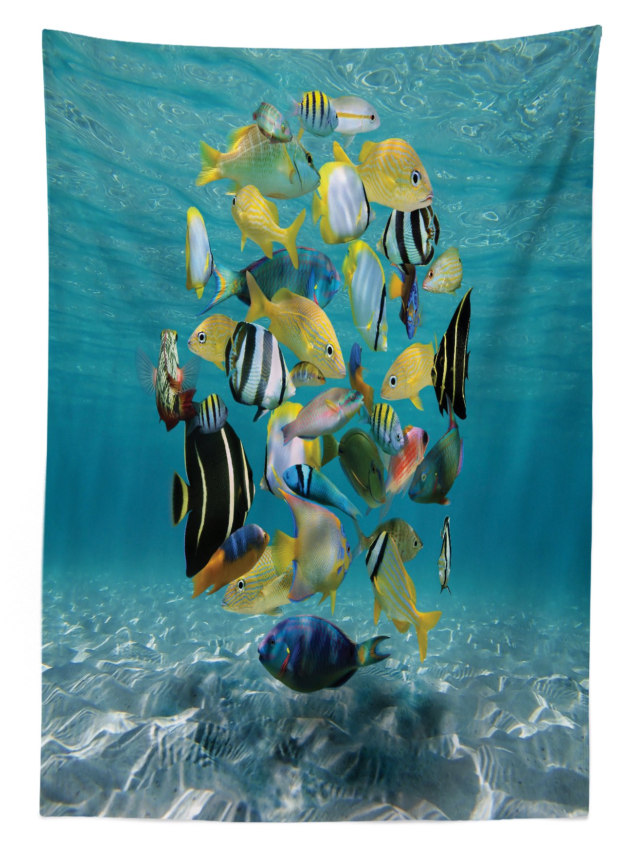 Ambesonne Fish Print Outdoor Tablecloth - Colorful Shoal of Fish in Circle Design on Sandy Seabed, Waterproof & Washable Picnic Table Cover 58x120 Inches - Perfect for Beach Parties, BBQs, and Outdoor Dining