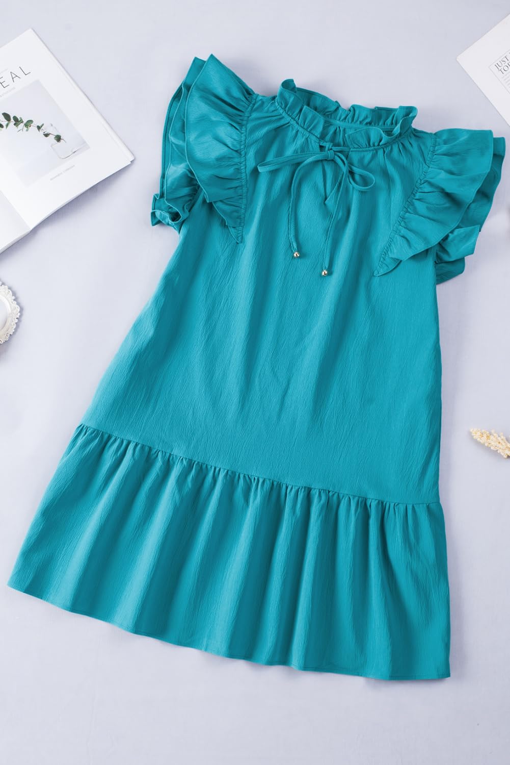 Dokotoo Women's Summer Dresses 2025 - V-Neck Ruffle Cap Sleeve Mini Sundress with Drawstring Waist & Side Pockets | Beachwear, Vacation Outfits, Casual Day Dress
