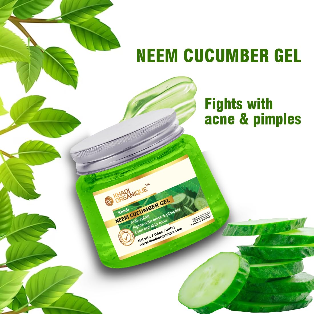Khadi Organique Aloe Vera Gel with Neem & Cucumber | Organic Face, Body & Hair Moisturizer for Dry Skin | Deep Hydrating & Soothing Gel for Women & Men - 200gm | Perfect for Sunburn Relief, After-Shave Care & Daily Skincare Routine