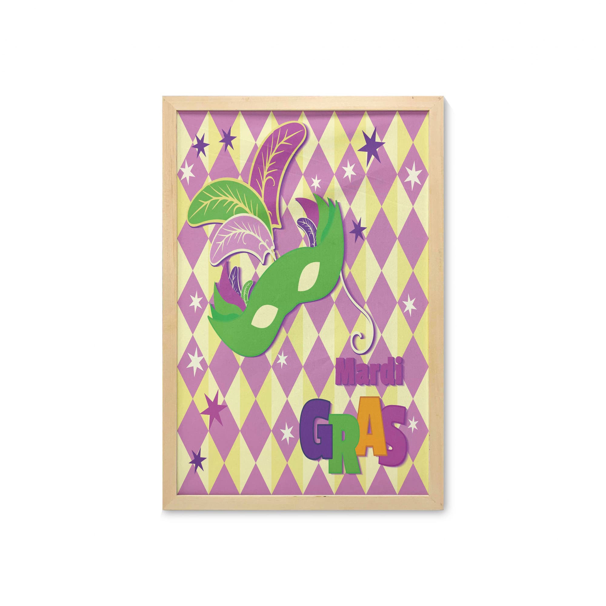 Ambesonne Mardi Gras Wall Art with Frame - Checkered Pattern & Stars Graphic Harlequin Festival Decor - Printed Fabric Poster 23