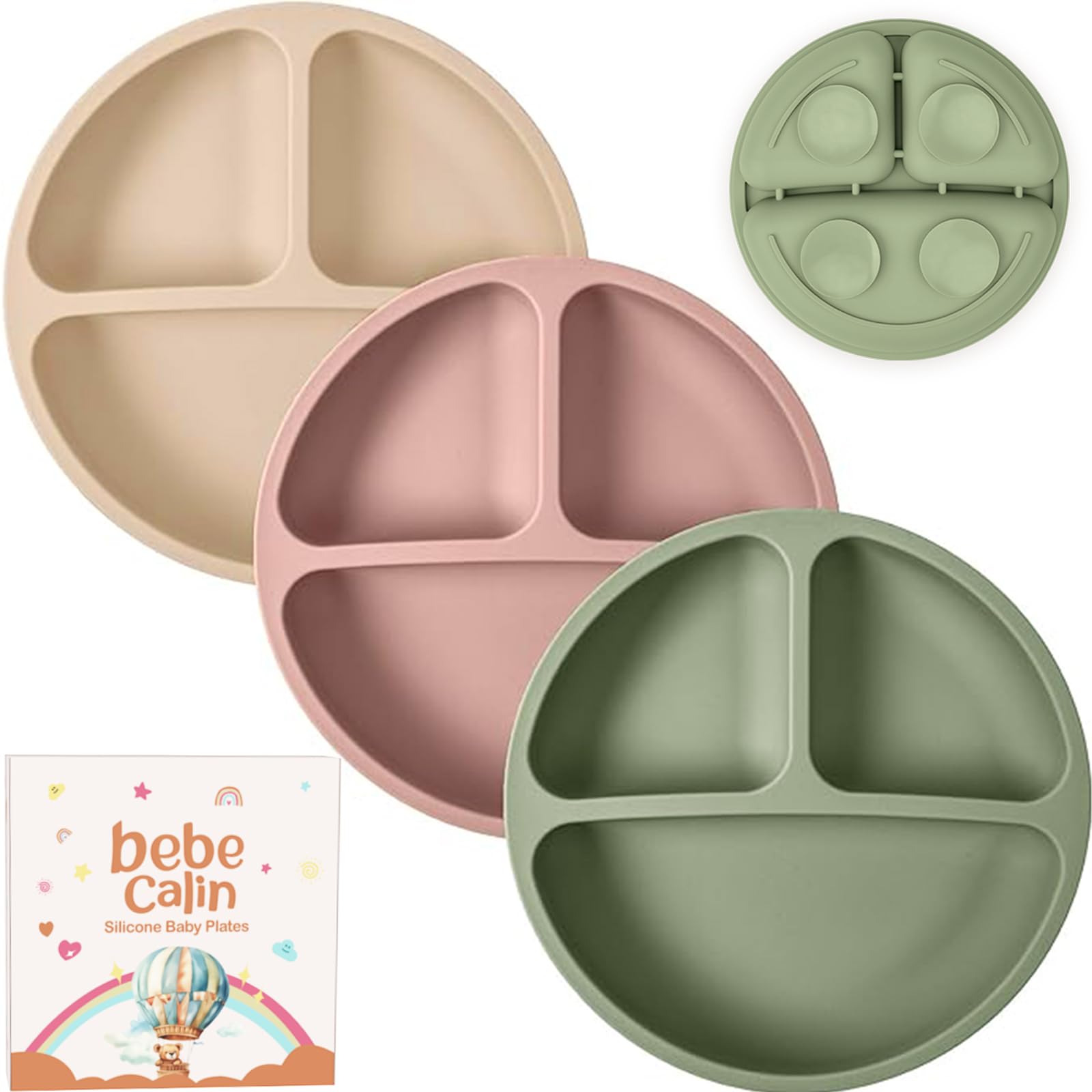 Non-Slip Silicone Suction Plates for Babies & Toddlers - 3 Pack Unbreakable Baby Plates with Strong Suction for High Chair Trays - Self Feeding Essentials (Nude, Pink, Green) - Perfect for Travel, Daycare & Mess-Free Meals